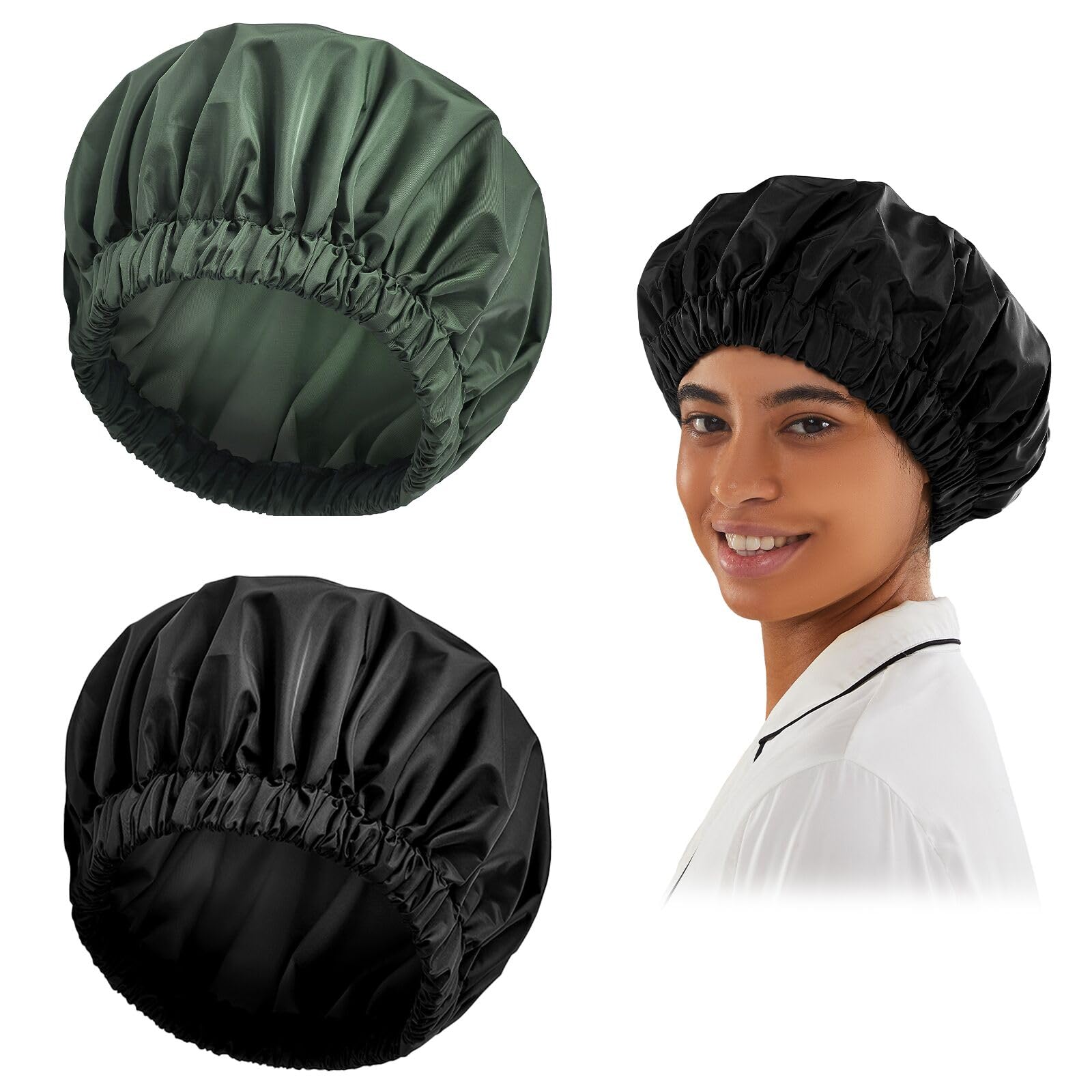 Reusable Shower Cap For Women, Large Waterproof Shower Bonnet Washable Elastic Band Bath Hair Hat For Long Hair, Braids(Black&Gr