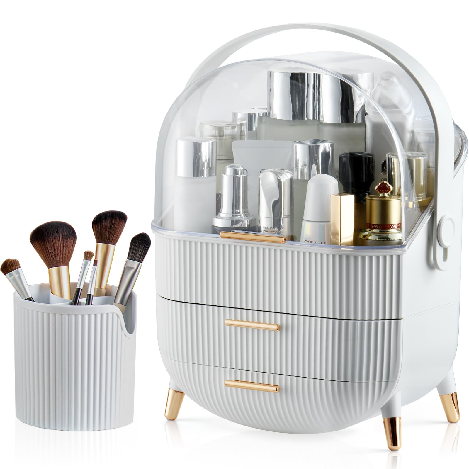 Canitoron Makeup Organizer,Skincare Organizer With 2 Drawers And Brush Storage Box,Cosmetic Display Case For Vanity Organizer An