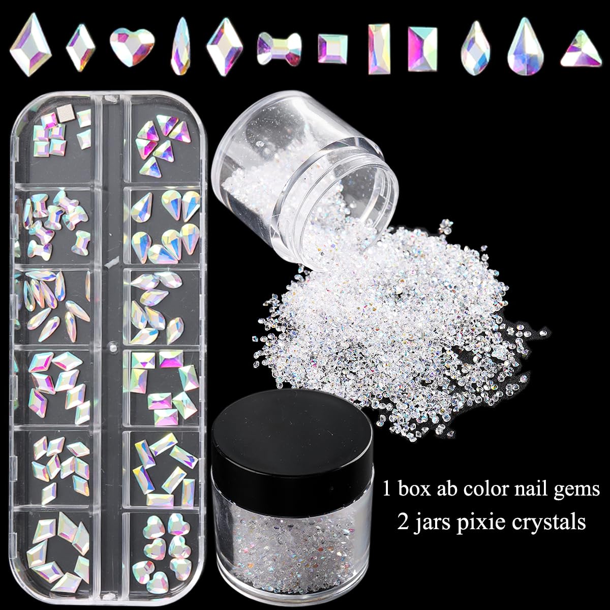 Ab Glass Nail Art Rhinestones Kit With Micro Pixie Crystals, Multi Shapes 3D Flatback Nail Gems, Bling French Tips Nail Art, Spa