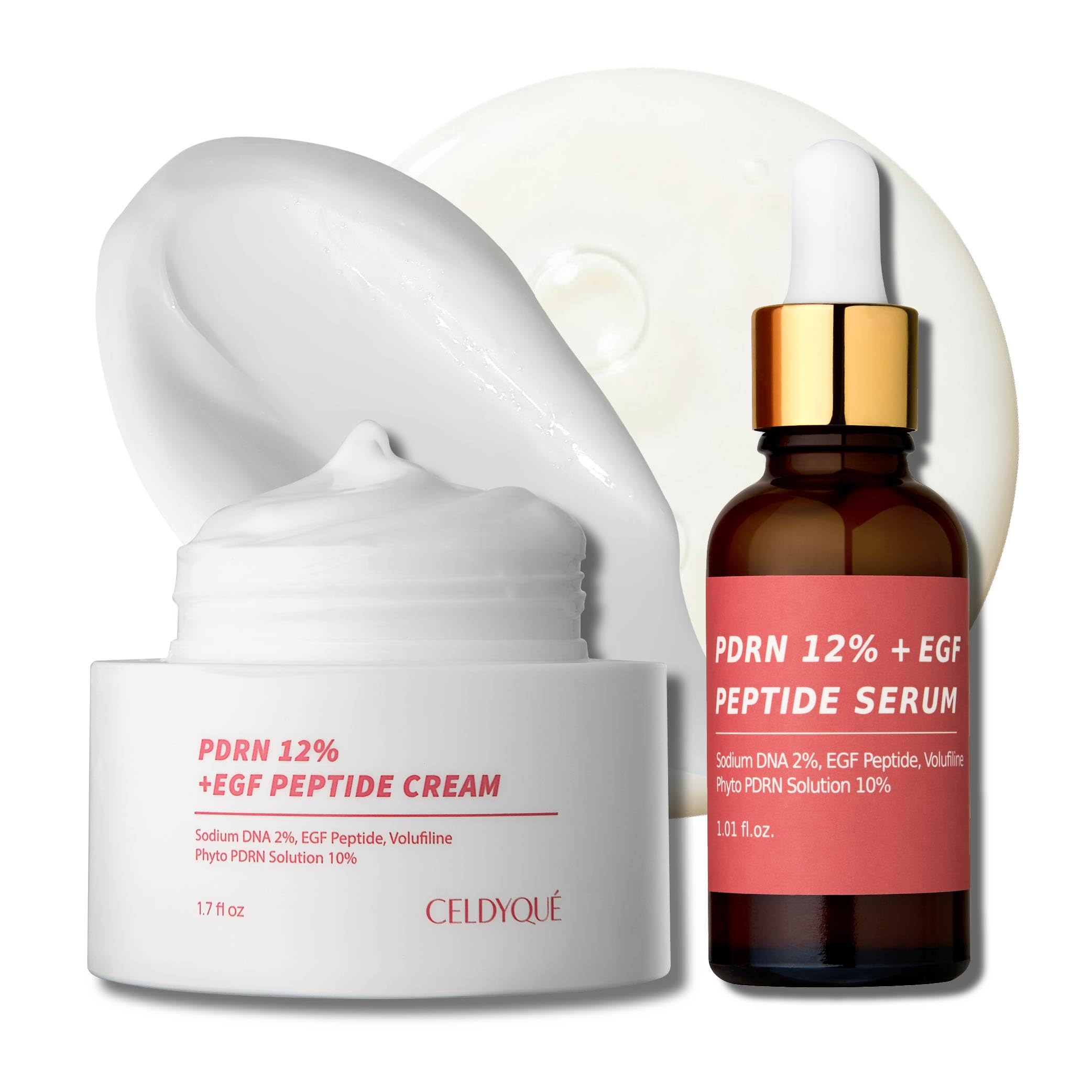 Salmon DNA PDRN 120,000 ppm EGF Peptide Serum & Cream Set w/Volufiline, Phyto PDRN 12%, Growth Factor - Anti-Aging Face Serum & 