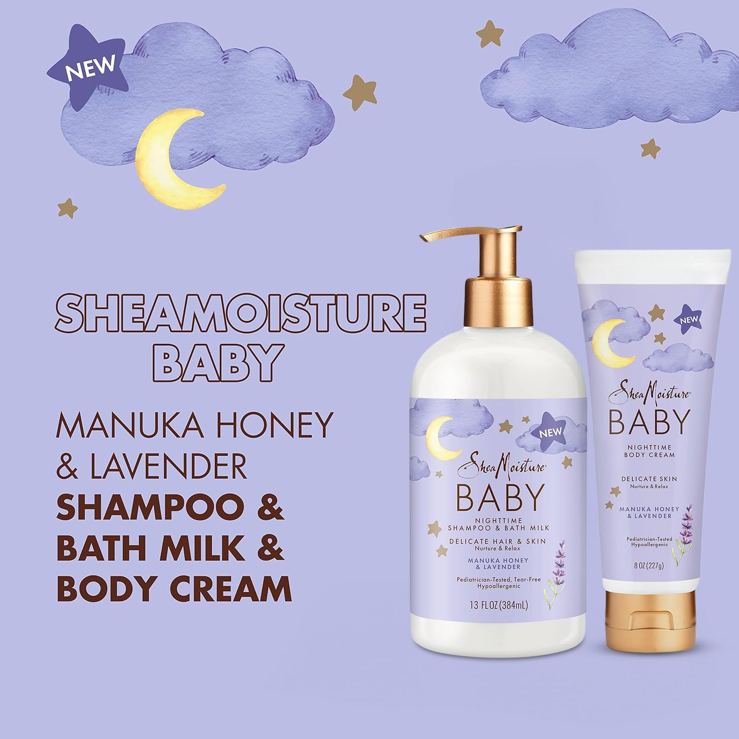 Shea Moisture Baby Care Set - Relaxing Nighttime Shampoo & Bath Milk + Nighttime Body Cream for Delicate Skin, Manuka Honey & La