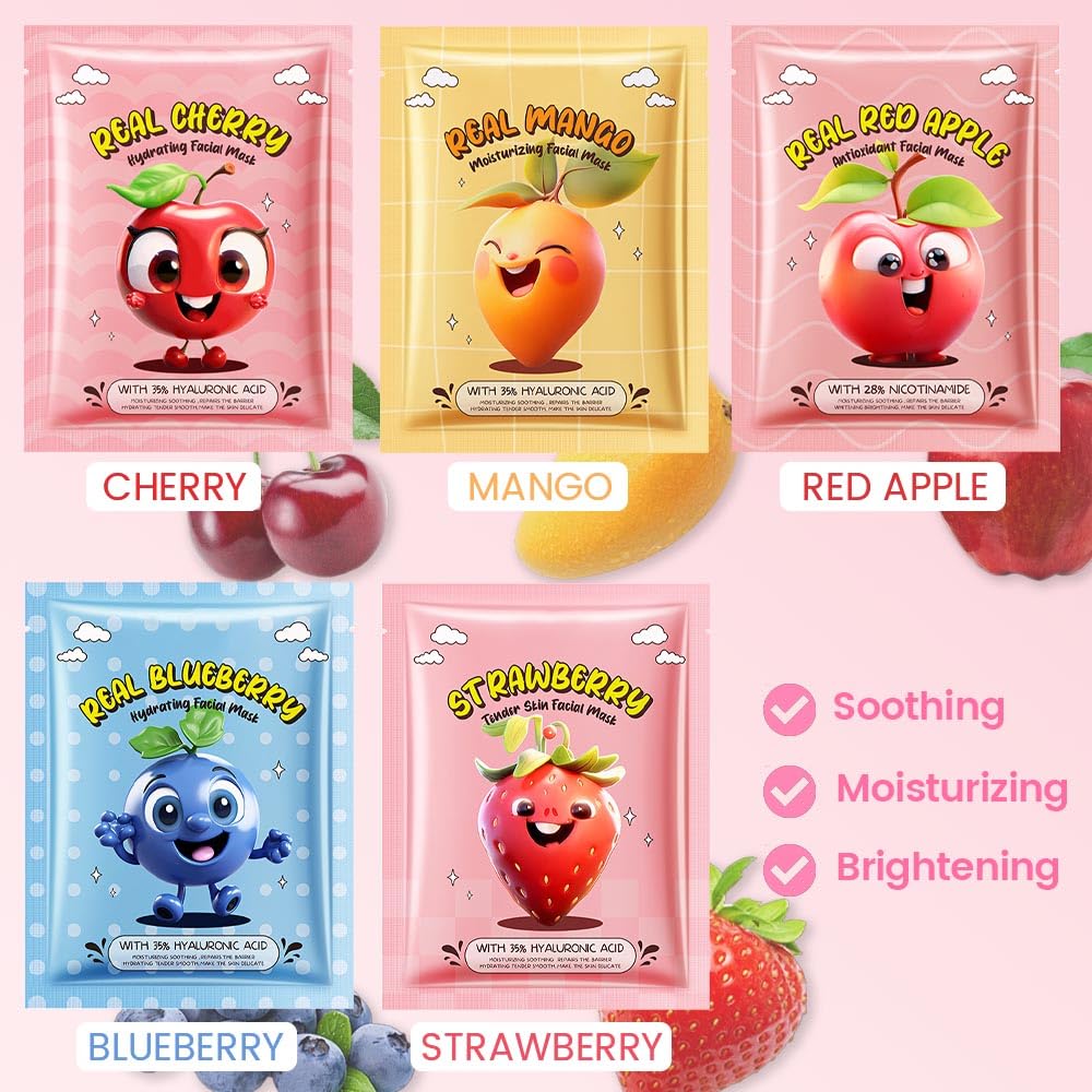 Kaely 10 Pack Fruit Face Masks For Kids, Spa Party Facial Mask Skincare Set, Sheet Masks Skin Care, Moisturize Brighten Soothe F