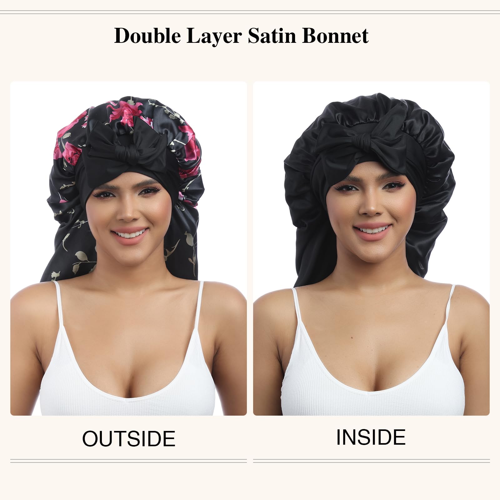 Awaytr Long Satin Bonnet For Women - Double Layer Elastic Silk Bonnet For Braids Hair Sleeping Cap With Tie Band (Flower C)