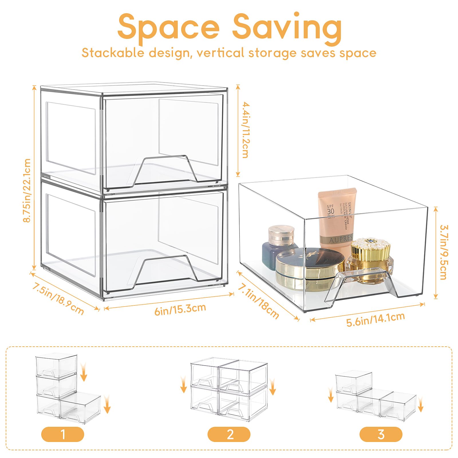 Amaoot 4 Pack Stackable Makeup Organizer, Acrylic Bathroom Organizer And Storage Drawers, Clear Plastic Drawer Storage Bins For