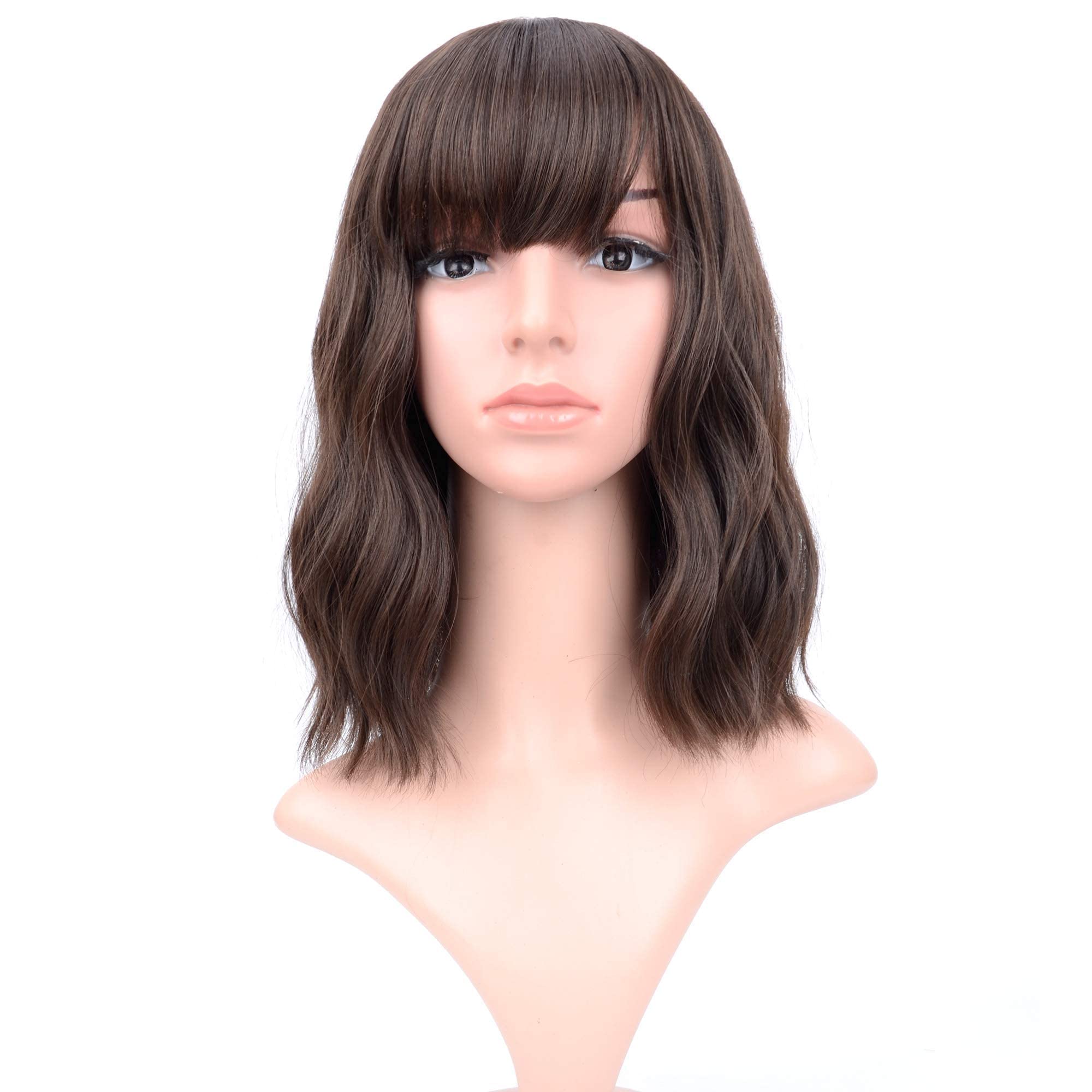 VCKOVCKO Short Bob Wigs Natural Brown Wavy Wig With Air Bangs Women's Shoulder Length Wigs Curly Wavy Synthetic Cosplay Wig Past