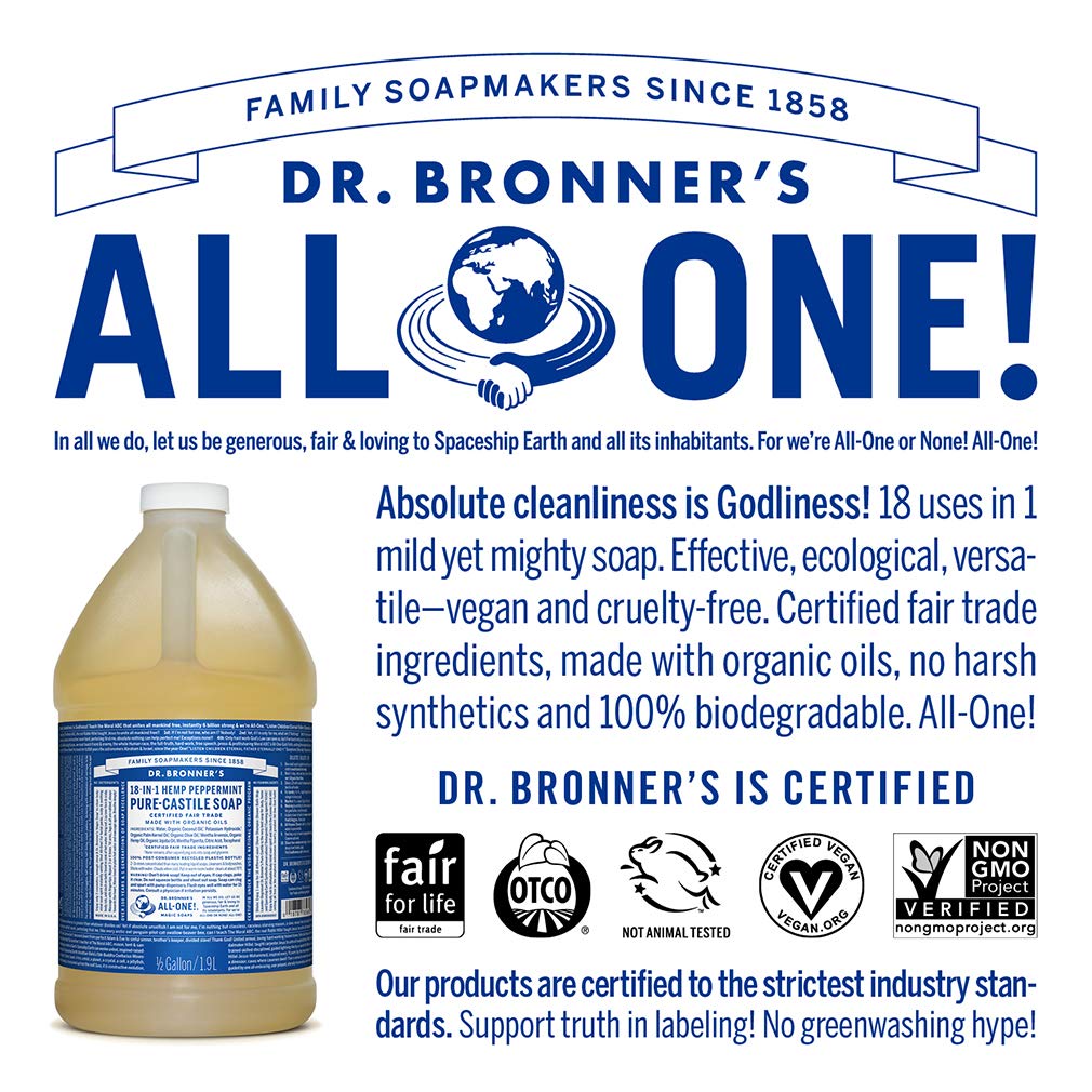 Dr. Broners- Pure-Castile Magic Liquid Soap (Peppermint 64,oz)- Made with Organic Oils- 18-in1 Uses: Hand & Body Soap, Face, Lau