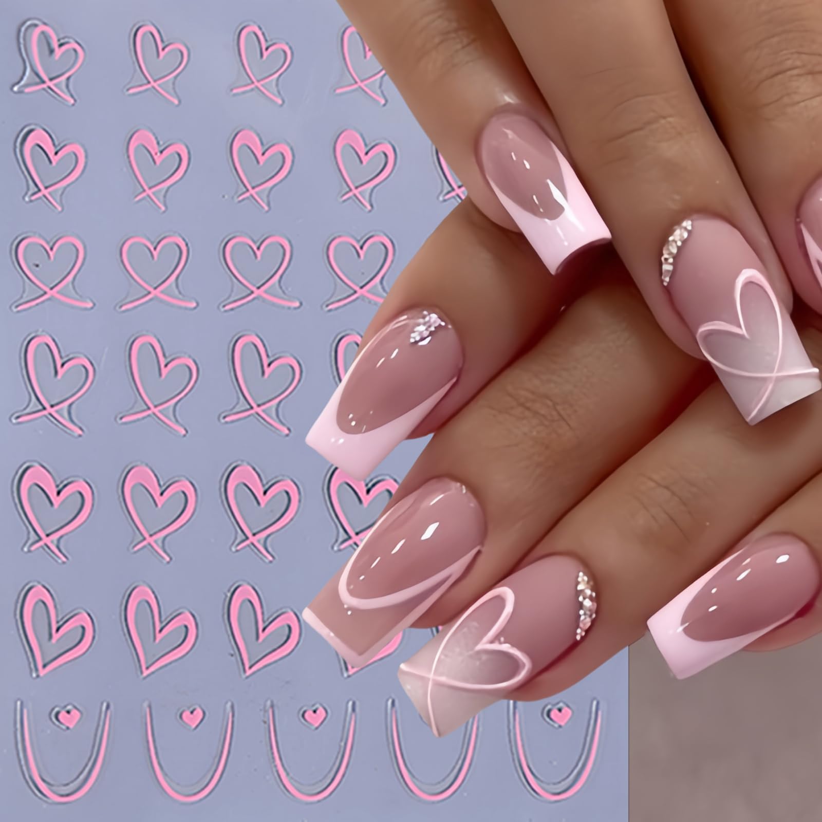 8Pcs Valentine'S Day Nail Art Stickers Hollow Hearts Nail Decals 3D Self Adhesive Black White Pink Peach Heart Shaped Nail Desig