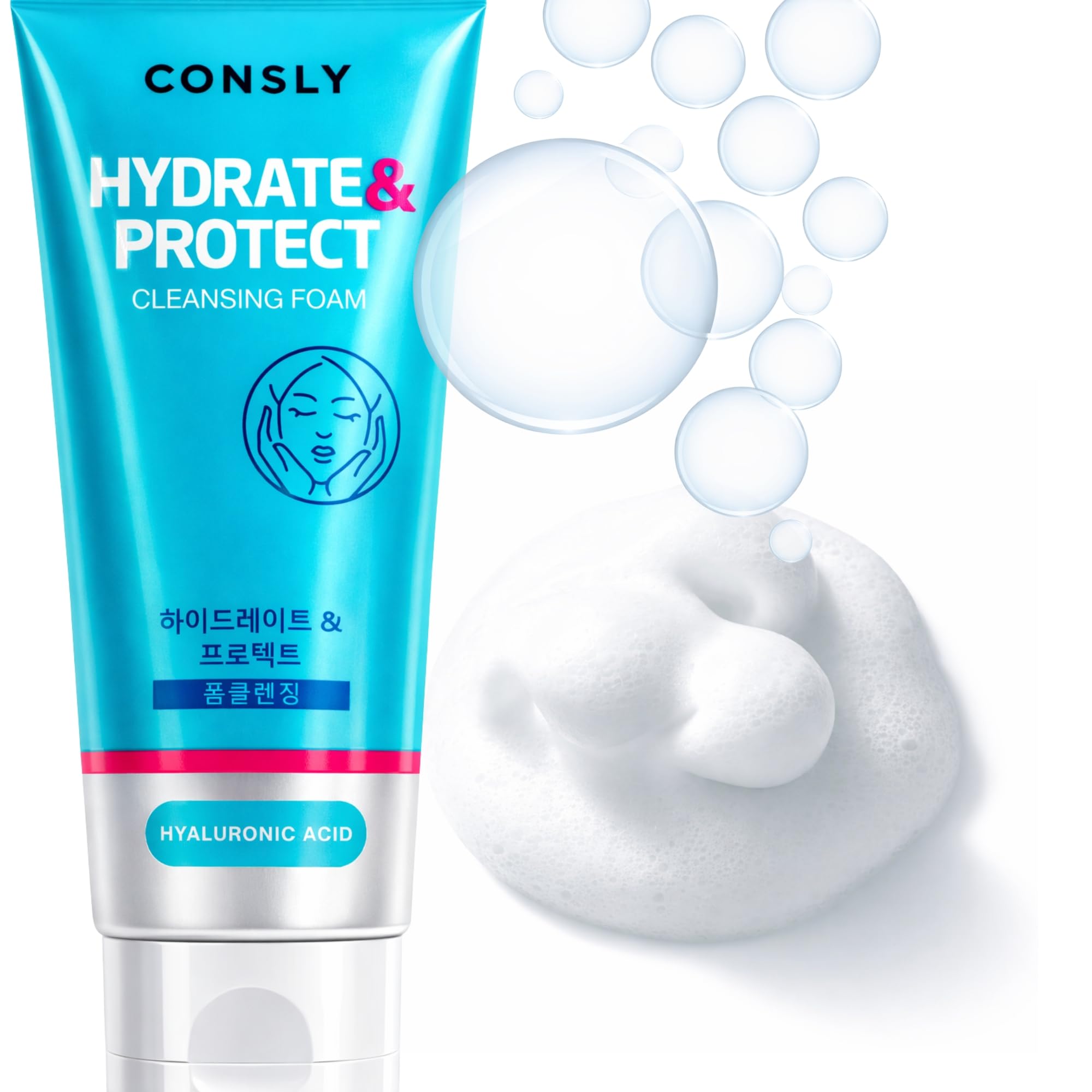CONSLY Hyaluronic Acid Cleansing Foam | Korean Foaming Face Wash | Hydrating Daily Cleanser for Dry & Dehydrated Skin | Remover 
