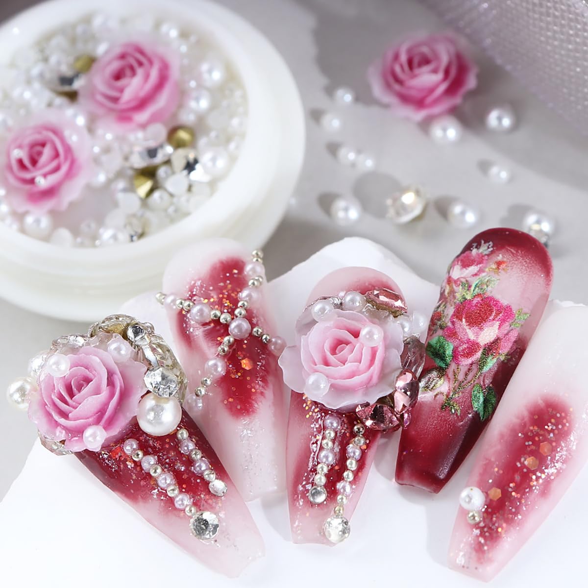Valentine 3D Rose Flower Nail Art Charms, Pink Rose Flowers Nail Ornaments Sparkle Nail Art Rhinestones Diamond Mix White Pearls