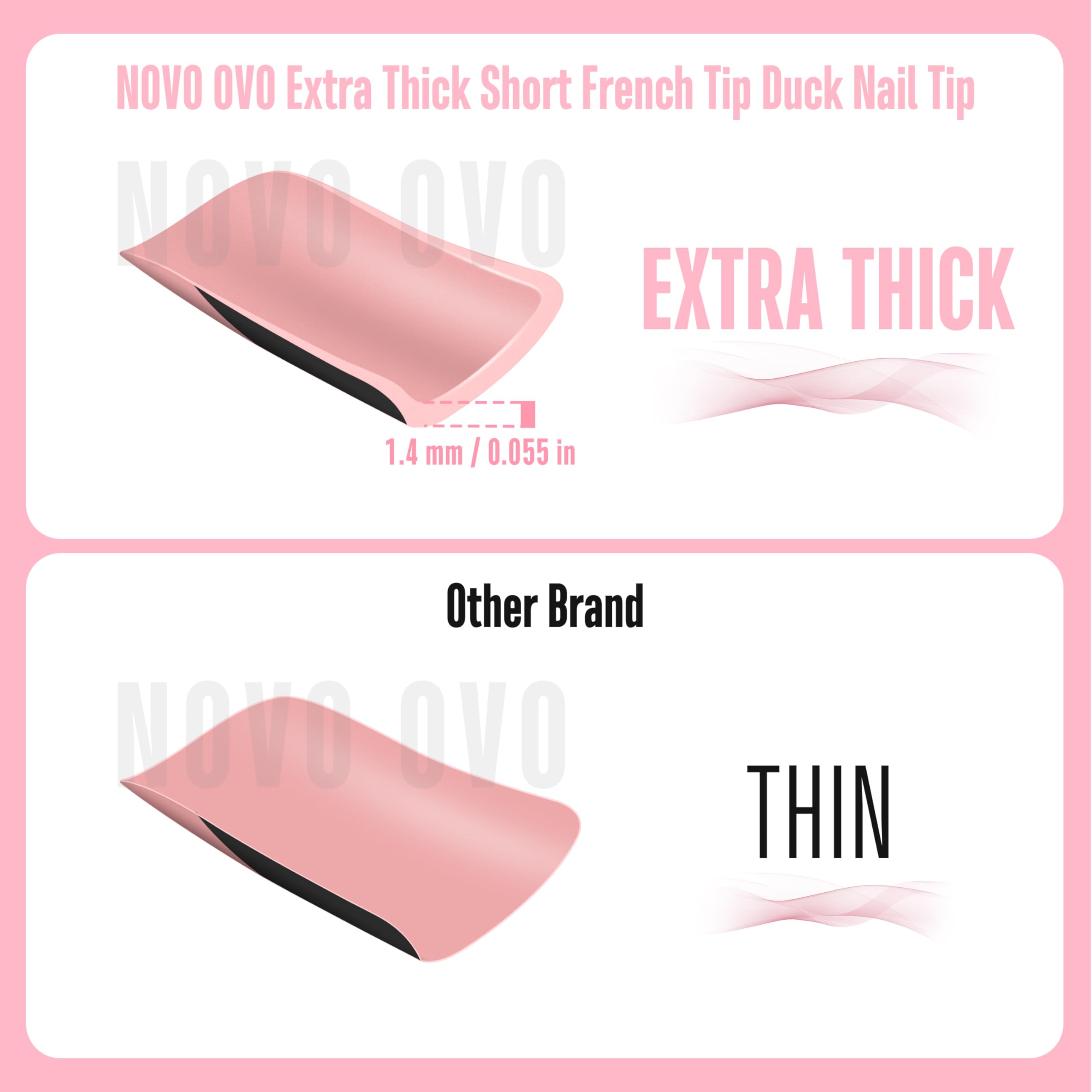 NOVO OVO Black French Tip Short Duck Nail Tips Press on, BABY PINK Pre-designed Soft Gel Nail Extension, Extra thick Full Cover