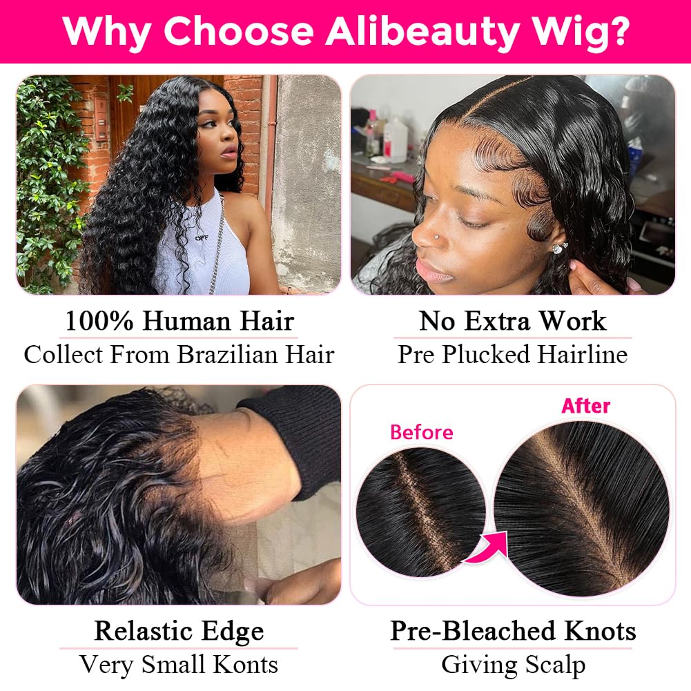 Alibeauty 13X4 Water Wave Lace Front Wigs Human Hair Pre Plucked Bleached Knots 180 Density Water Wave Frontal Wigs Human Hair W