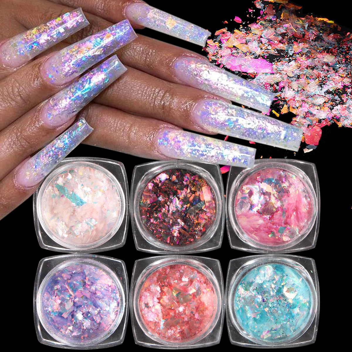 Fcozpjk Opal Nail Art Glitter Flakes, 6 Boxes Holographic Chunky Glitter Flakes Kit, Aurora Effect for Nails, Chameleon Nail Fla