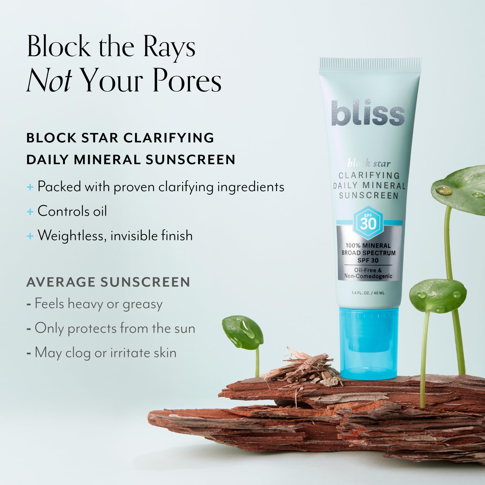 Bliss Block Star Clarifying Daily Mineral Sunscreen Broad Spectrum SPF 30, Blendable Pore Safe Formula for Blemish Prone Skin wi