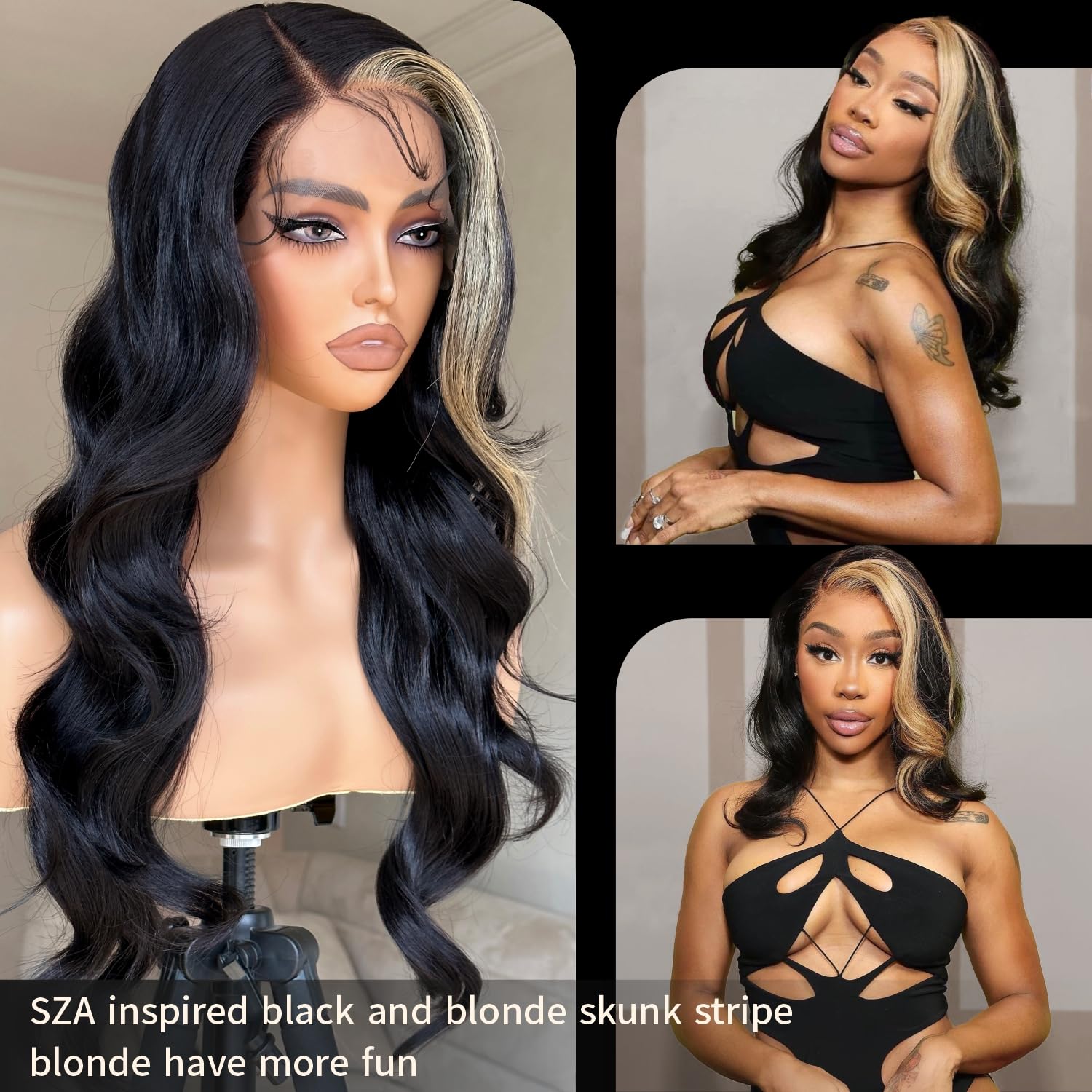 BrownBomb Skunk Stripe Wig Lace Front Wig Pre Plucked, Synthetic Lace Front Wigs for Women, Black and Blonde Wig Skunk Stripe La