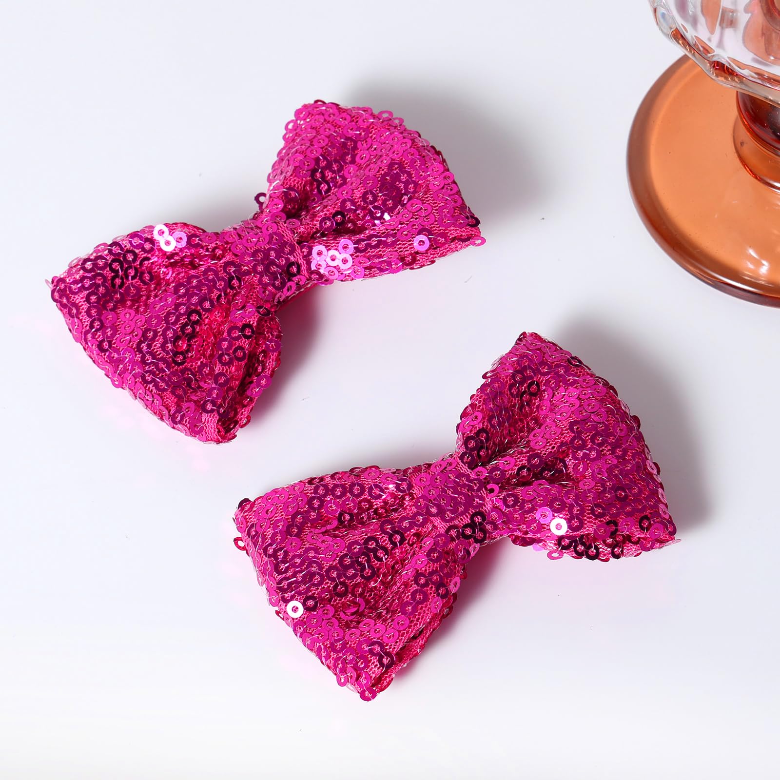 3'' Hot Pink Sparkly Glitter Sequin Hair Bows Clips For Toddler Girls Valentines Christmas Birthday Gift Party Dress Outfit Deco