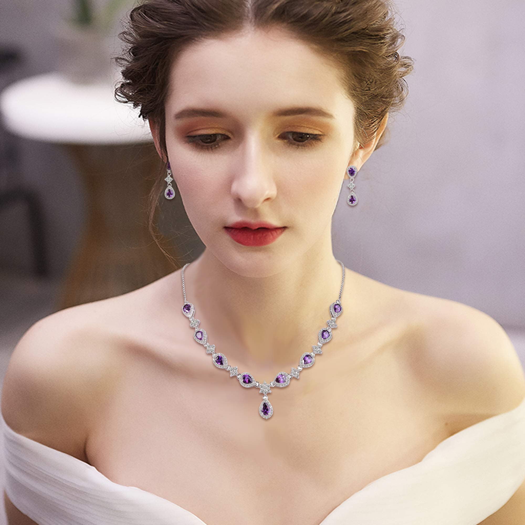 EleQueen Women's Silver-tone Cubic Zirconia Teardrop Flower Bridal V-Necklace Set Dangle Earrings Amethyst Color