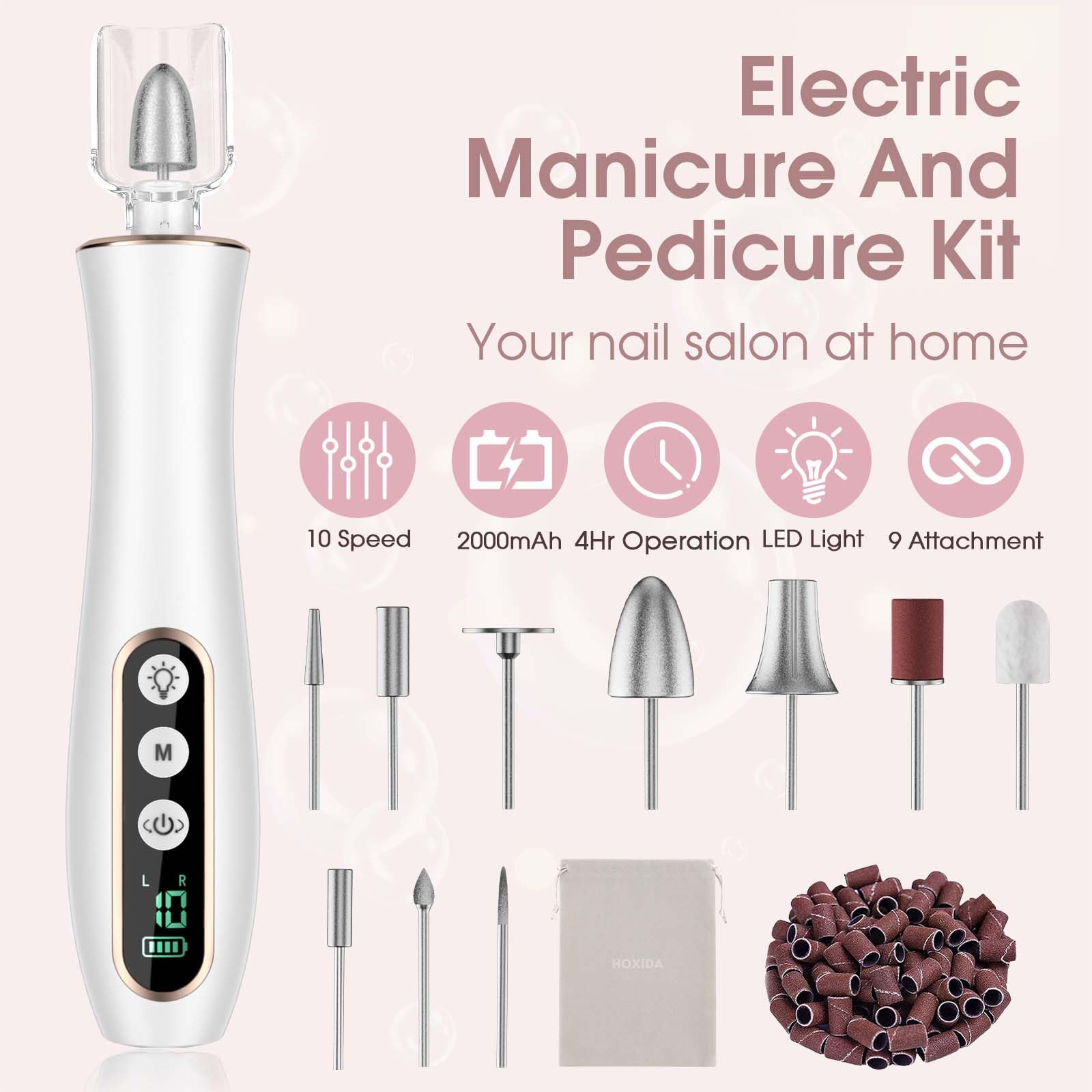 Hoxida Professional Manicure Pedicure Kit - Cordless Electric Nail Drill with 10 Speeds & 360? LED Light for Thick Nails, Hand & Foot Care