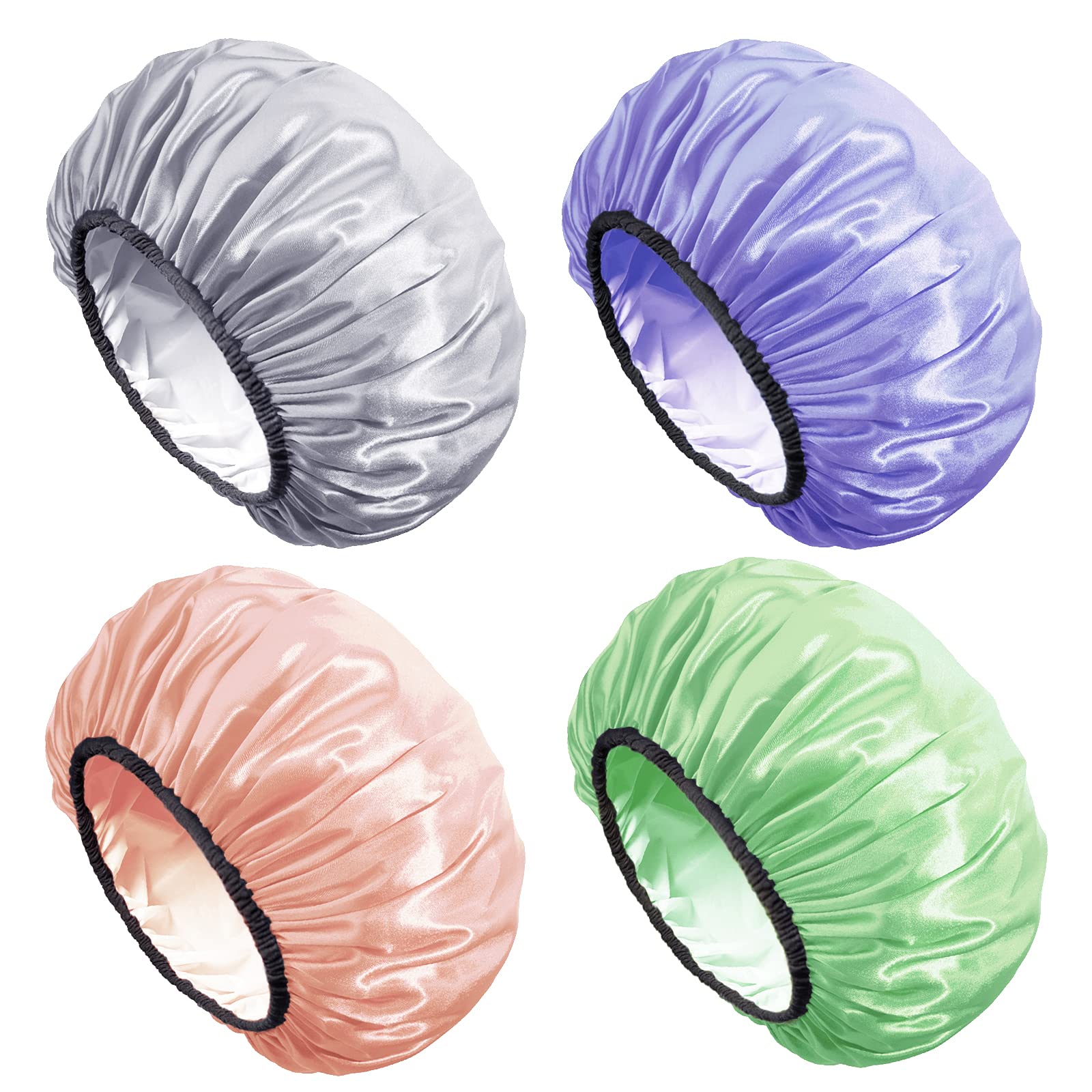 Aquior Shower Cap,Shower Caps For Women Long Hair,Silky Satin Hair Bonnet Reusable Bathing Cap,Extra Large For All Hair Length,4