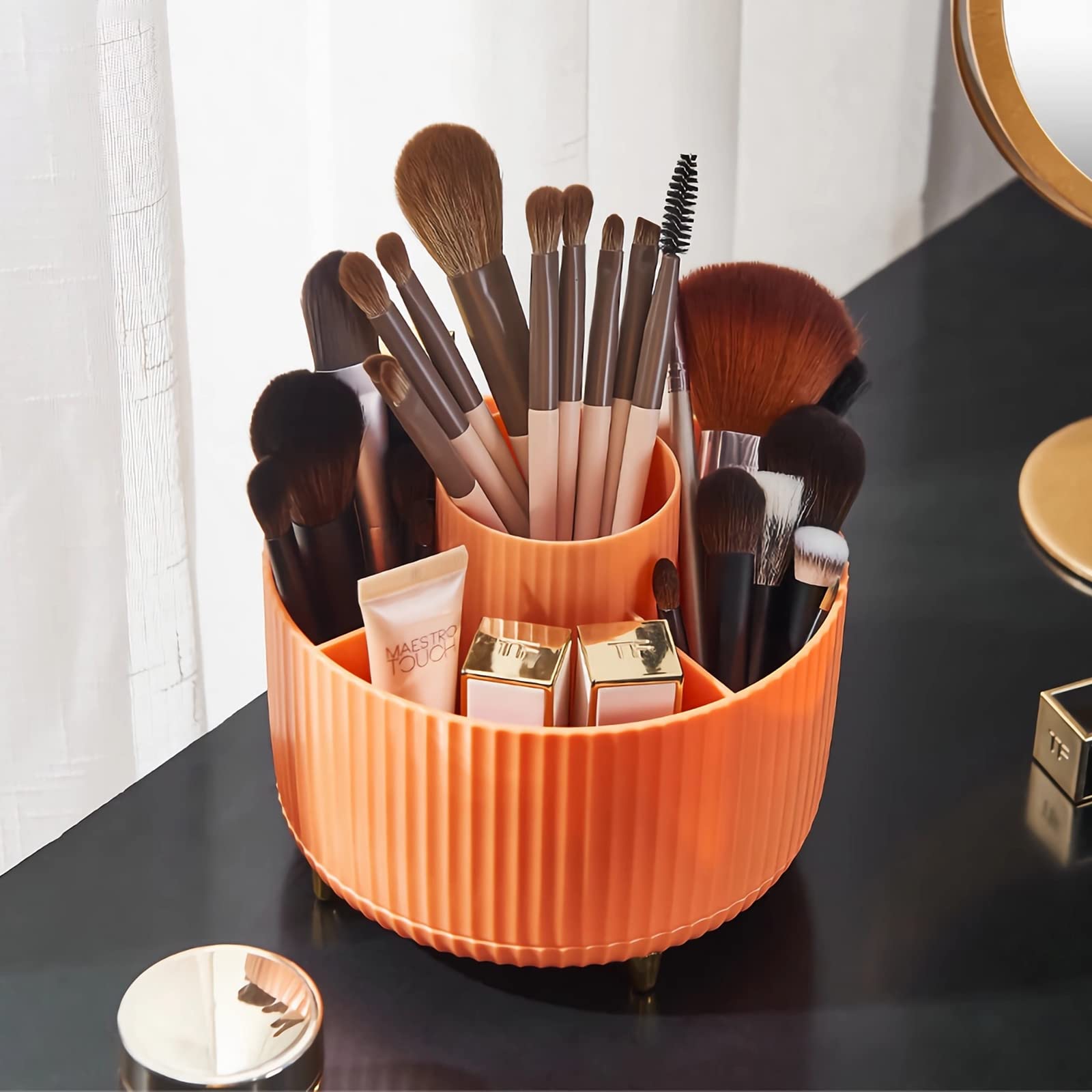 Diesisa 360 Rotating Makeup Brush Organizer With 5 Sections, Spining Countertop Swivel Makeup Brush Holder For Cosmetics, Nail P
