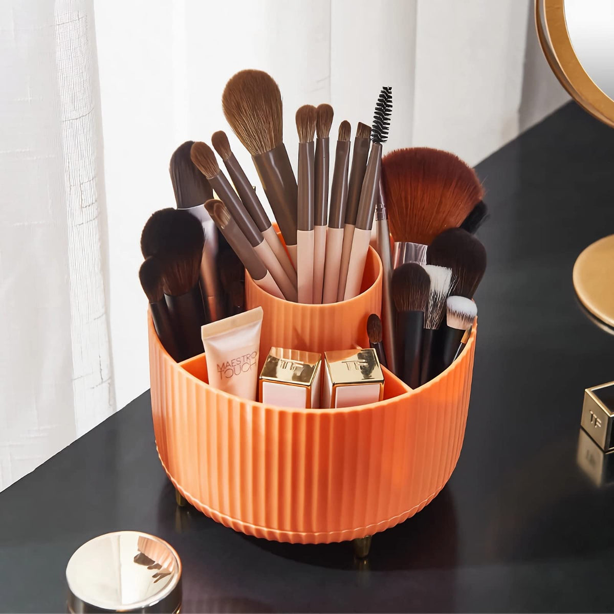 Diesisa 360 Rotating Makeup Brush Organizer With 5 Sections, Spining Countertop Swivel Makeup Brush Holder For Cosmetics, Nail P