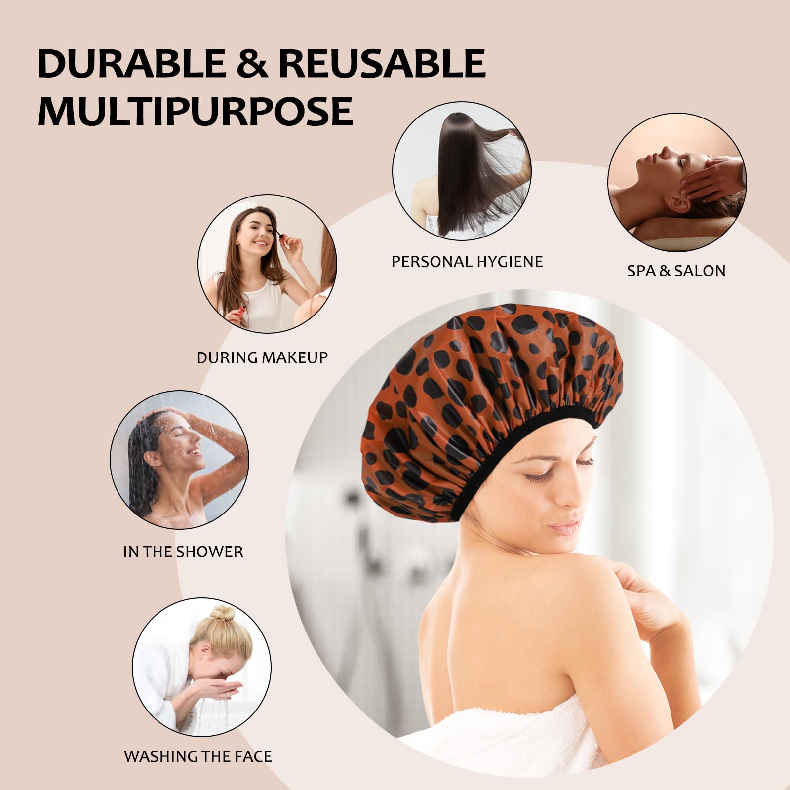 Yizijizi Shower Cap,Reusable Waterproof Shower Caps - Large Size For Women, Perfect For Long Hair (Black Wave Dot)