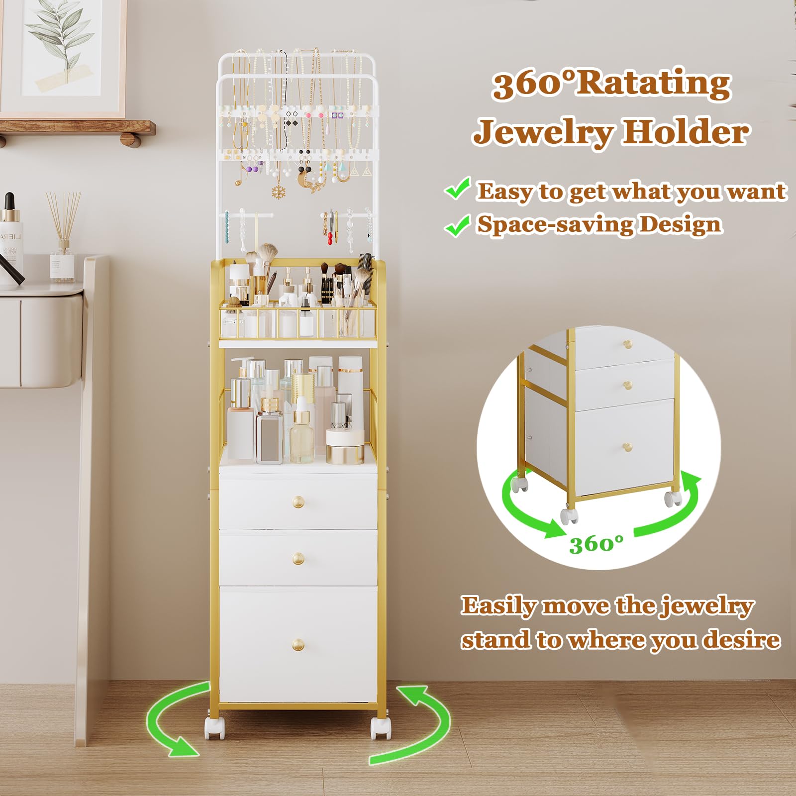 ZQUYAJ Makeup Organizer Cart with 3 Drawers, Jewelry Organizers and Storage for Earring Necklace, Large Vanity Storage Organizer