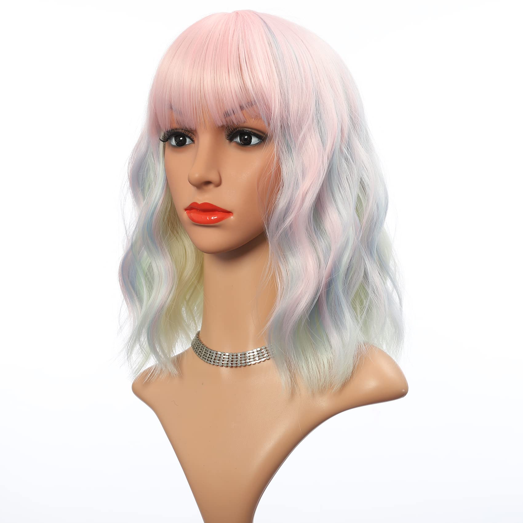 VCKOVCKO Colored Wig Natural Wavy Wig With Air Bangs Short Bob Piano Color Wigs Women's Shoulder Length Wigs Curly Wavy Syntheti