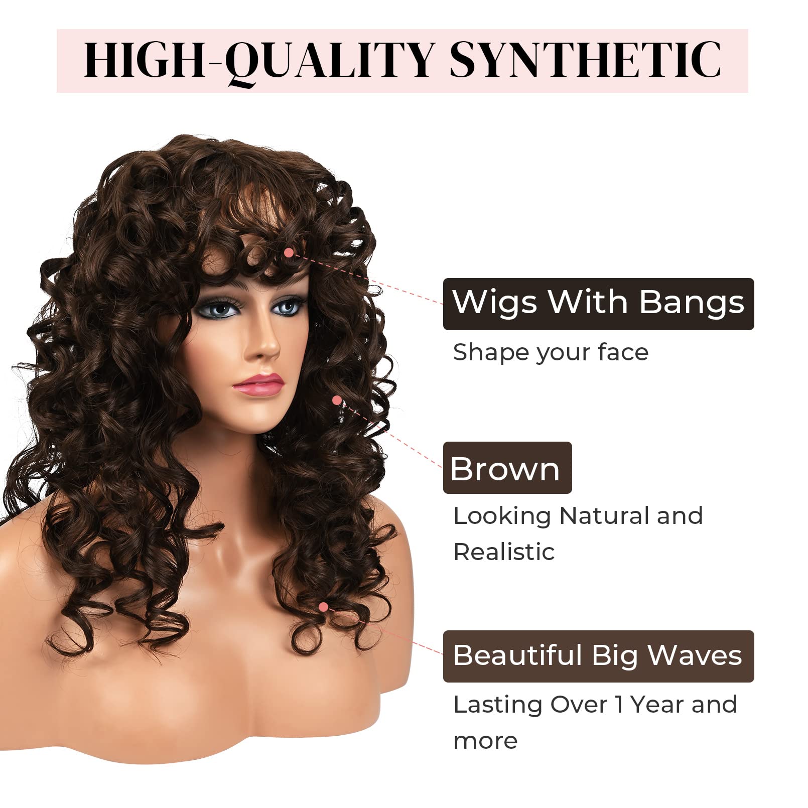 LONAI 23 Inch Brown Curly Wig with Bangs WIG001 Long Vintage Hairstyle with Curly Fringe Synthetic Wig for Women Daily Use Party