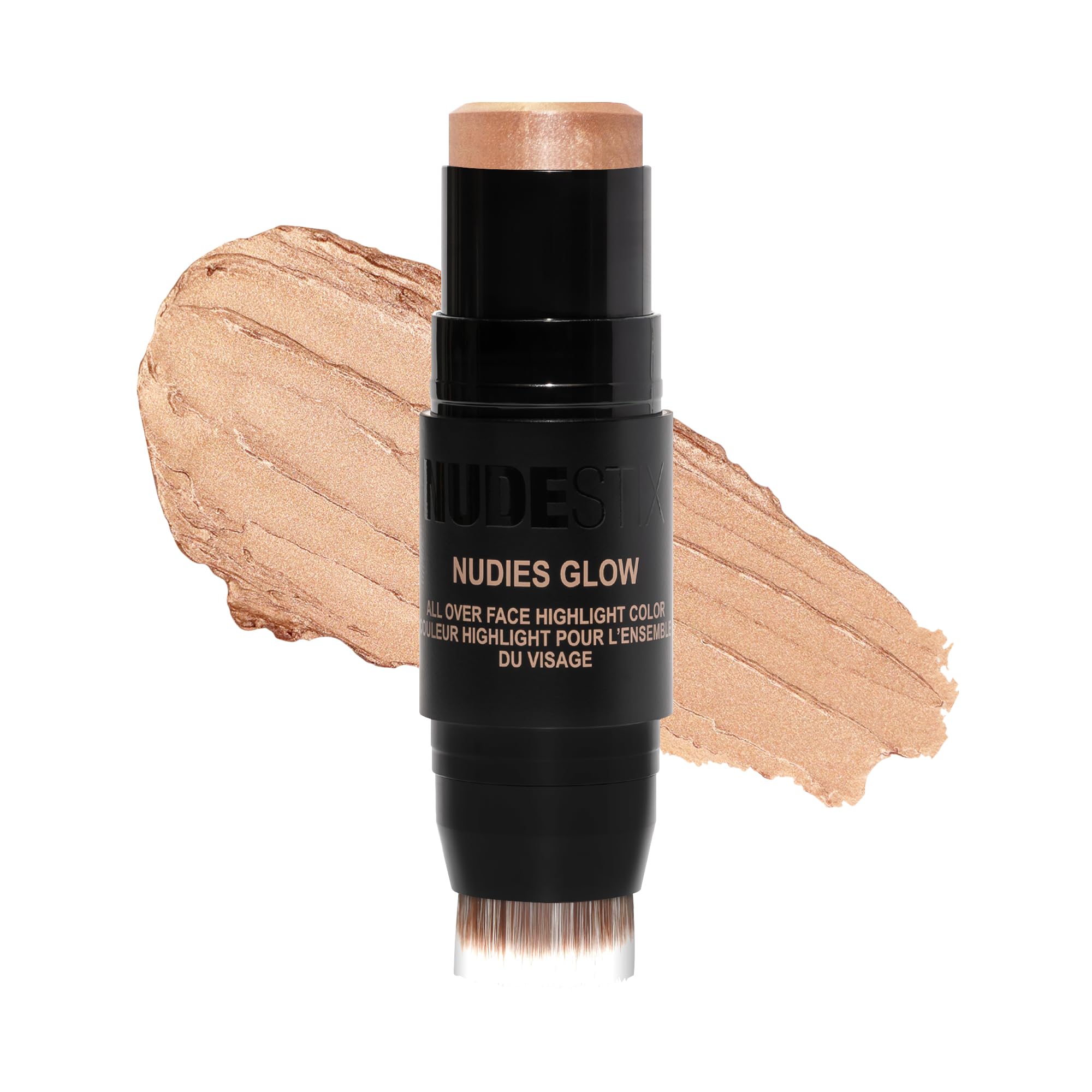 Nudestix Nudies Glow Highlighter Stick W/Blending Brush, Dewy Cream Makeup For Cheeks, Eyes, Lips, Soft Metallic Glowy Face Colo