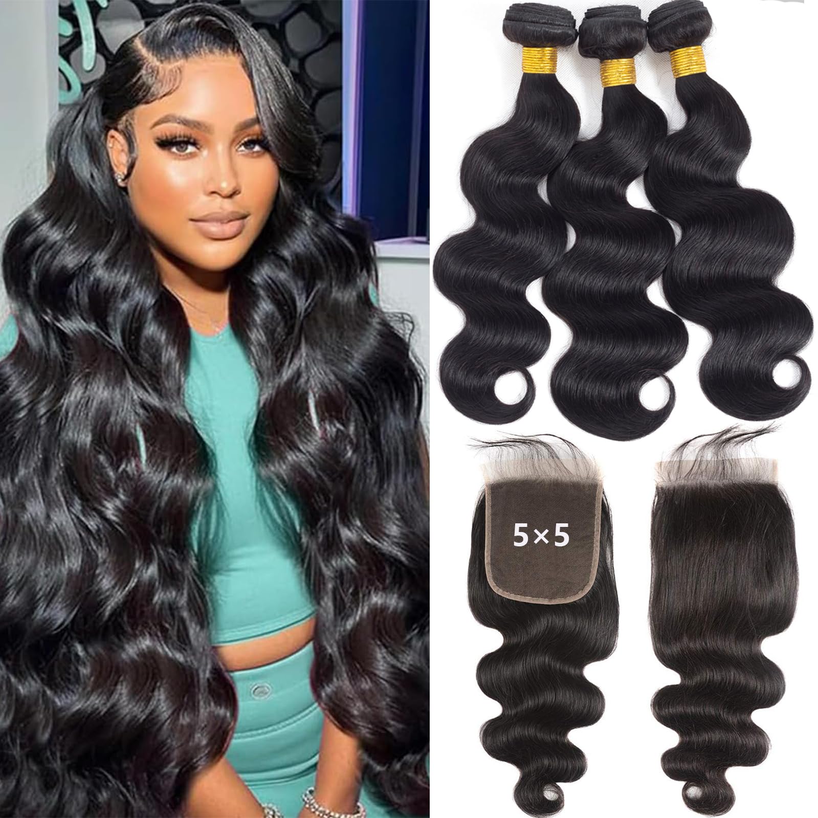 12A Body Wave 3 Bundles With 5  5 Hd Lace Closure (20 22 24+18'') 100% Unprocessed Brazilian Virgin Body Wave Human Hair Weave B