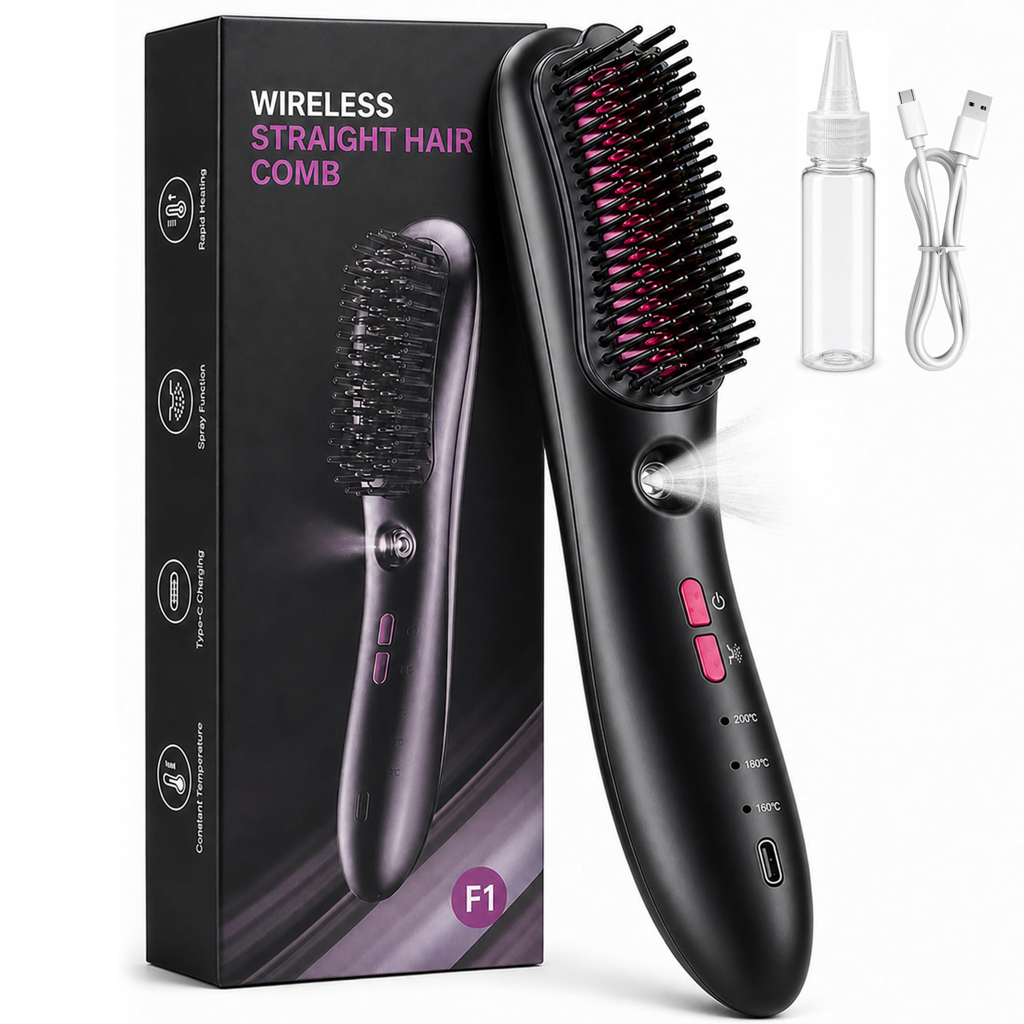 Cordless Hair Straightener Brush with Mist Spray, Rechargeable Portable Hair Straightening Comb, 3 Heat Settings, 200C Travel Ho
