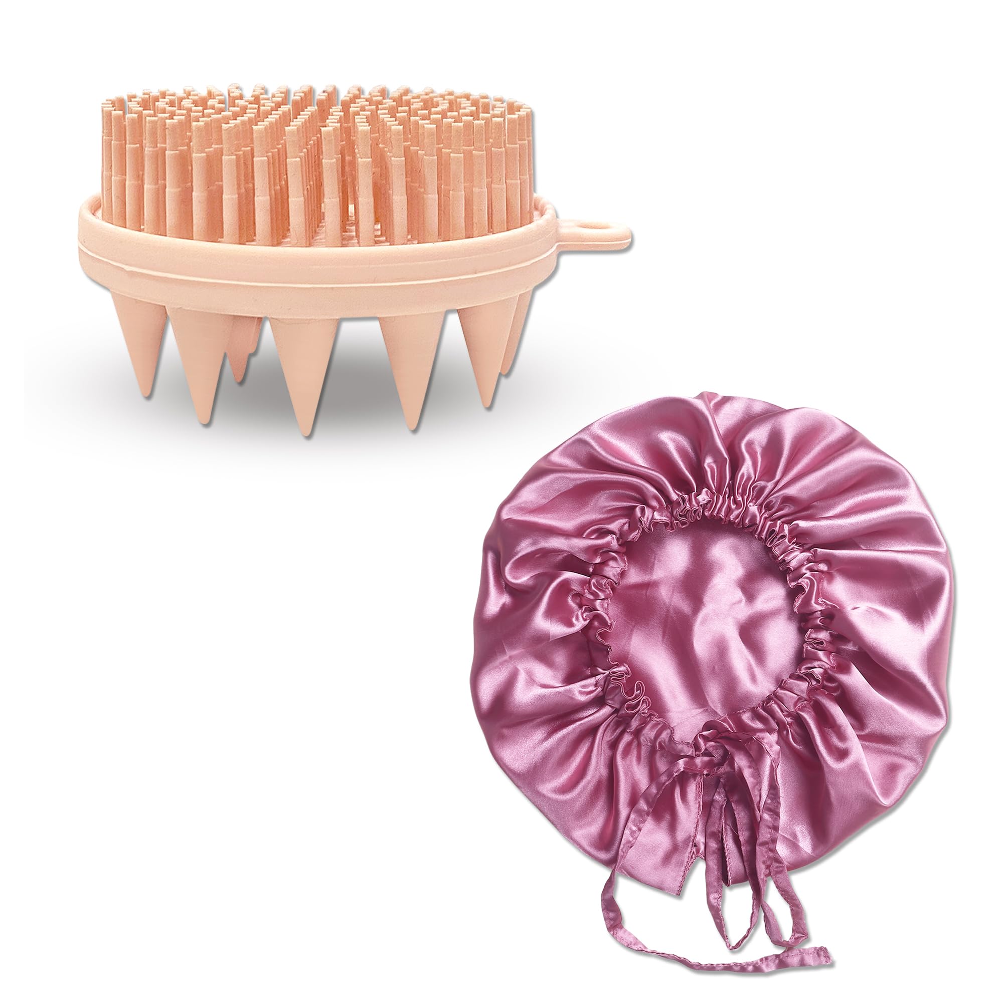GLUN 2 in 1 Bath Brush & Hair Bonnet Cap Combo, Prevents From Breakage Pink Satin Cloth for Curly & Natural Hair Type with 2in1 