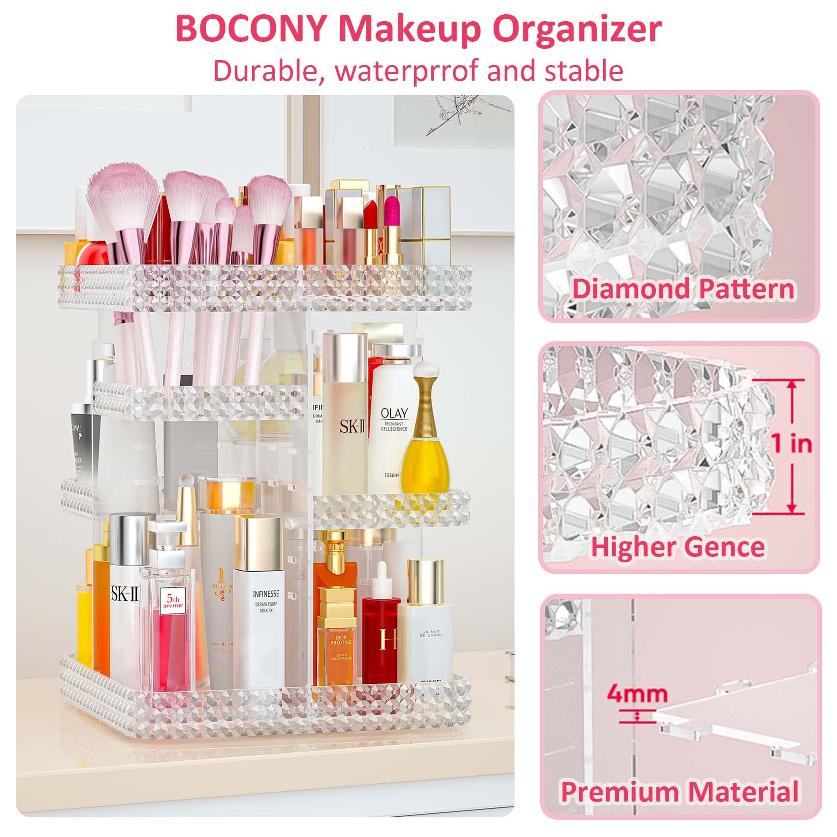 Bocony Rotating Makeup Organizer, Large Capacity Cosmetic Display Case, Acrylic Skincare Organizer With Makeup Brush, Makeup Sto