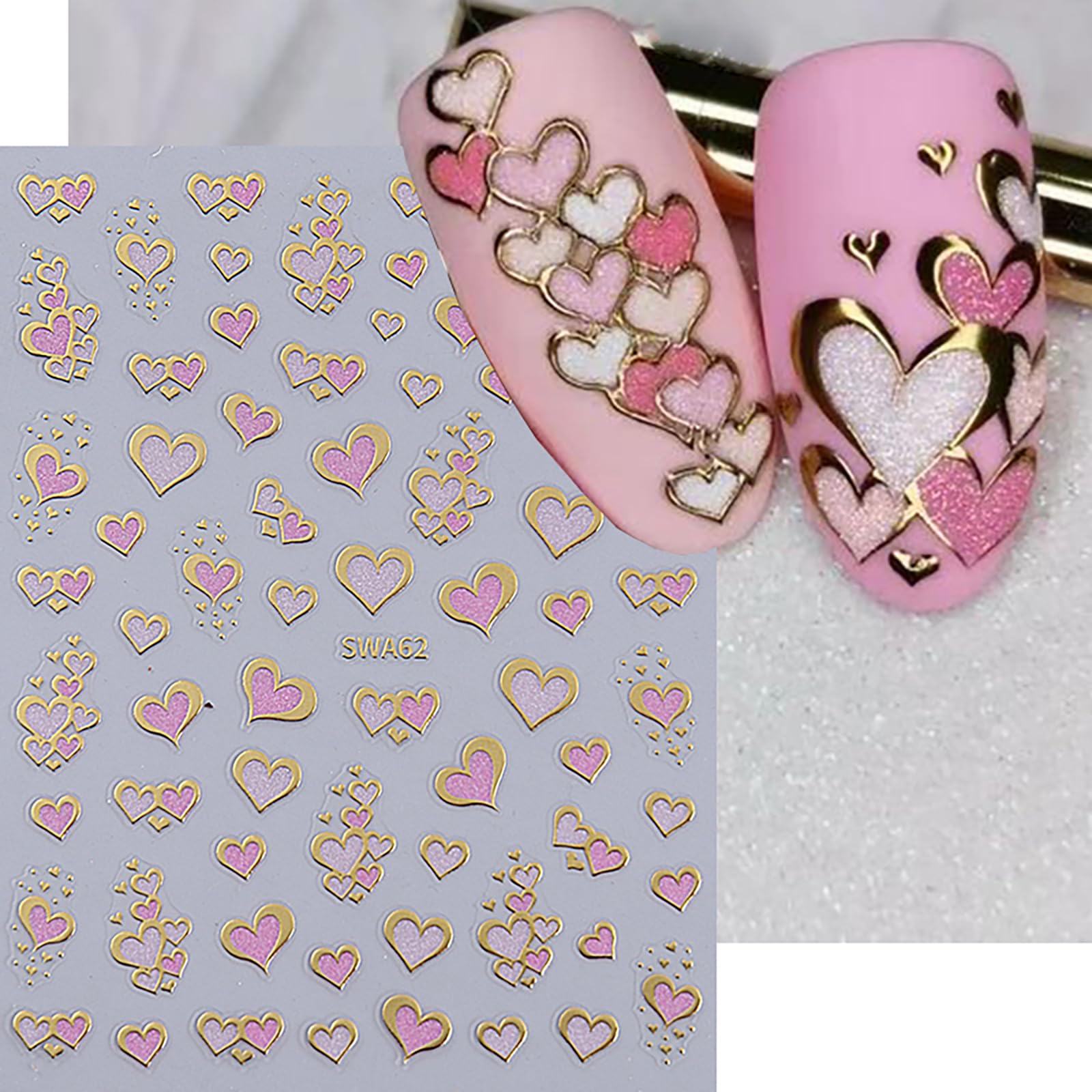 Valentine's Day Nail Stickers Retro Valentine's Day Gold Pink Heart Nail Art Stickers 3D Nail Decals Self-Adhesive Nail Art Supp