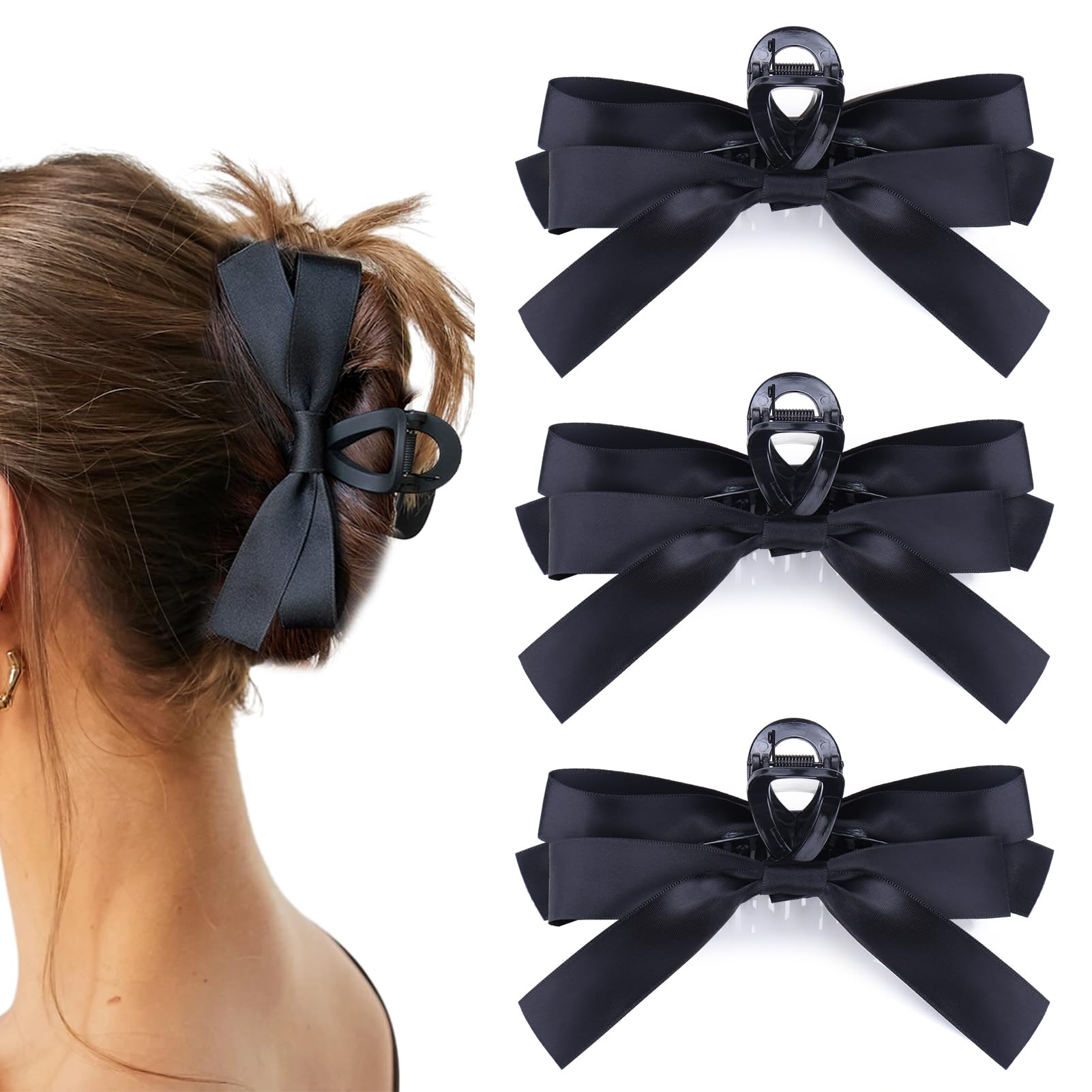 Vodolo Black Bow Hair Claw Clip for Women Girls,3PCS Nonslip Big Bows Hair Claws Barrette for Thick Thin Hair,Large Hair Accesso