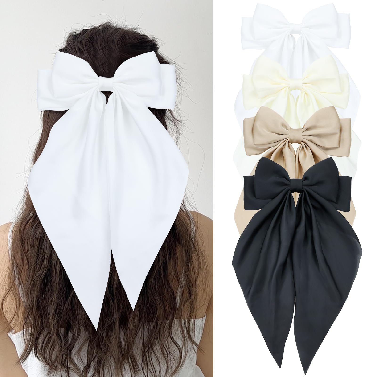 Cinaci 4 Pieces Large Big Oversized Satin Hair Bows with Long Tail French Barrettes Hair Clips Accessories for Women Girls Teens