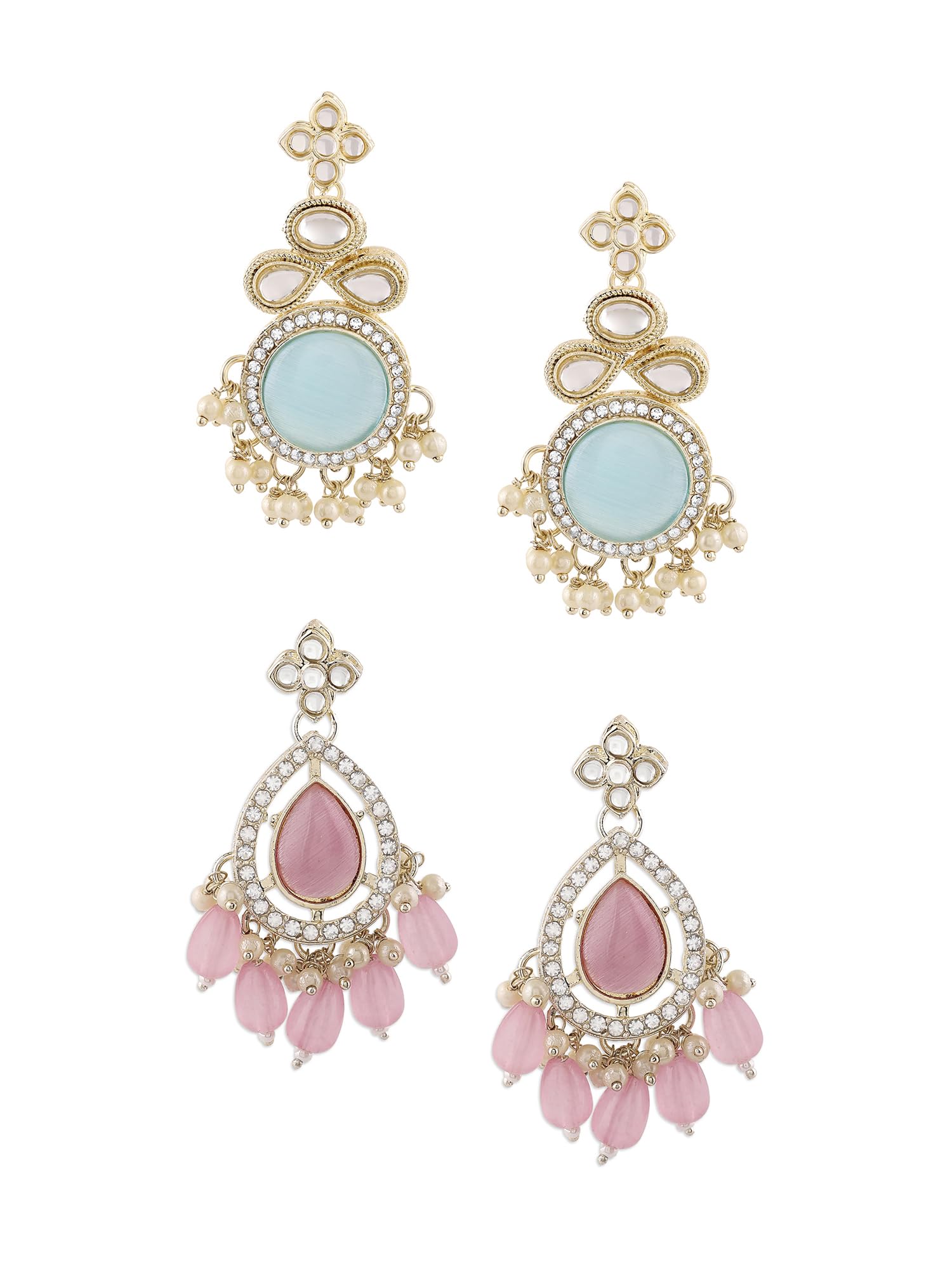 Zaveri Pearls Set Of 2 Turquoise Blue & Pink Kundan & Austrian Diamondstraditional Jhumki Earring For WomenZpfk16865