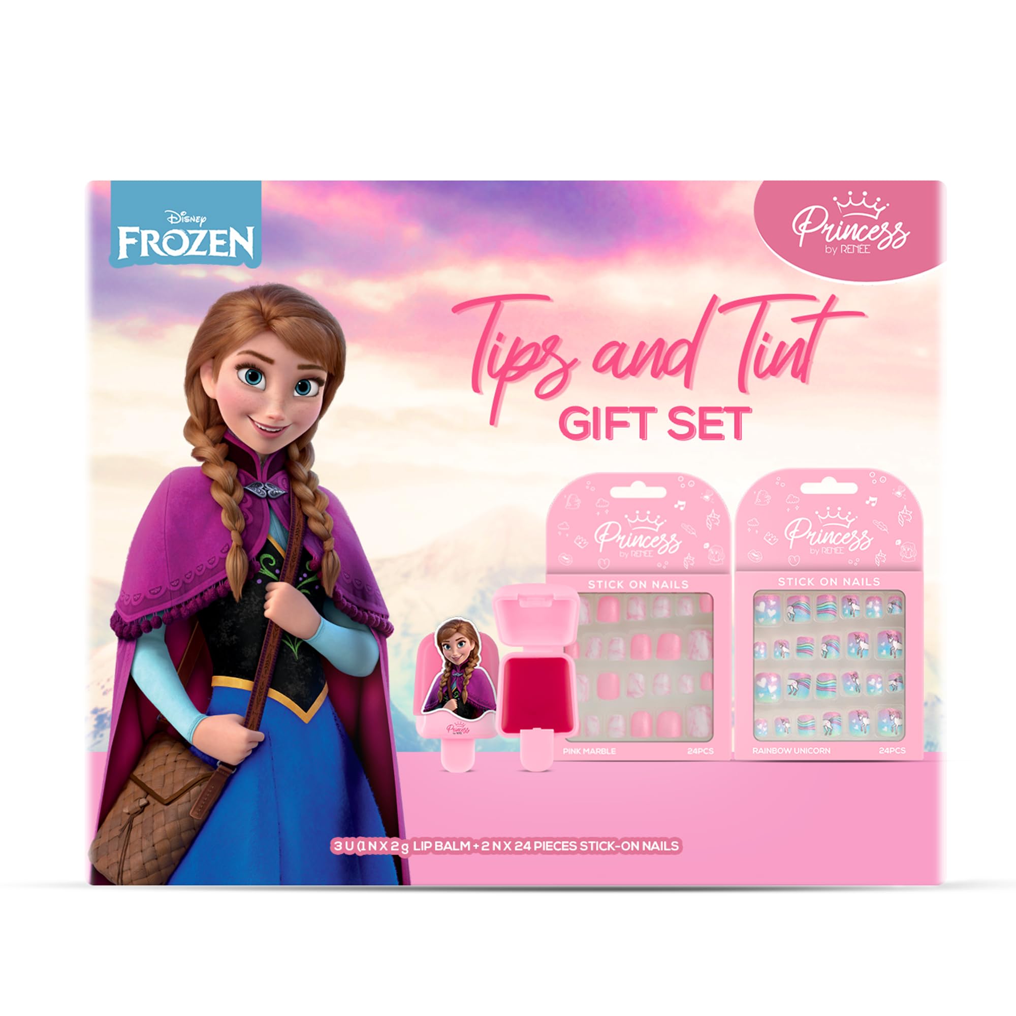 Princess By Renee Tips & Tint Beauty Gift Set For Preteens | Includes Stick On Nails Rainbow Unicorn & Pink Marble & Popsicle L