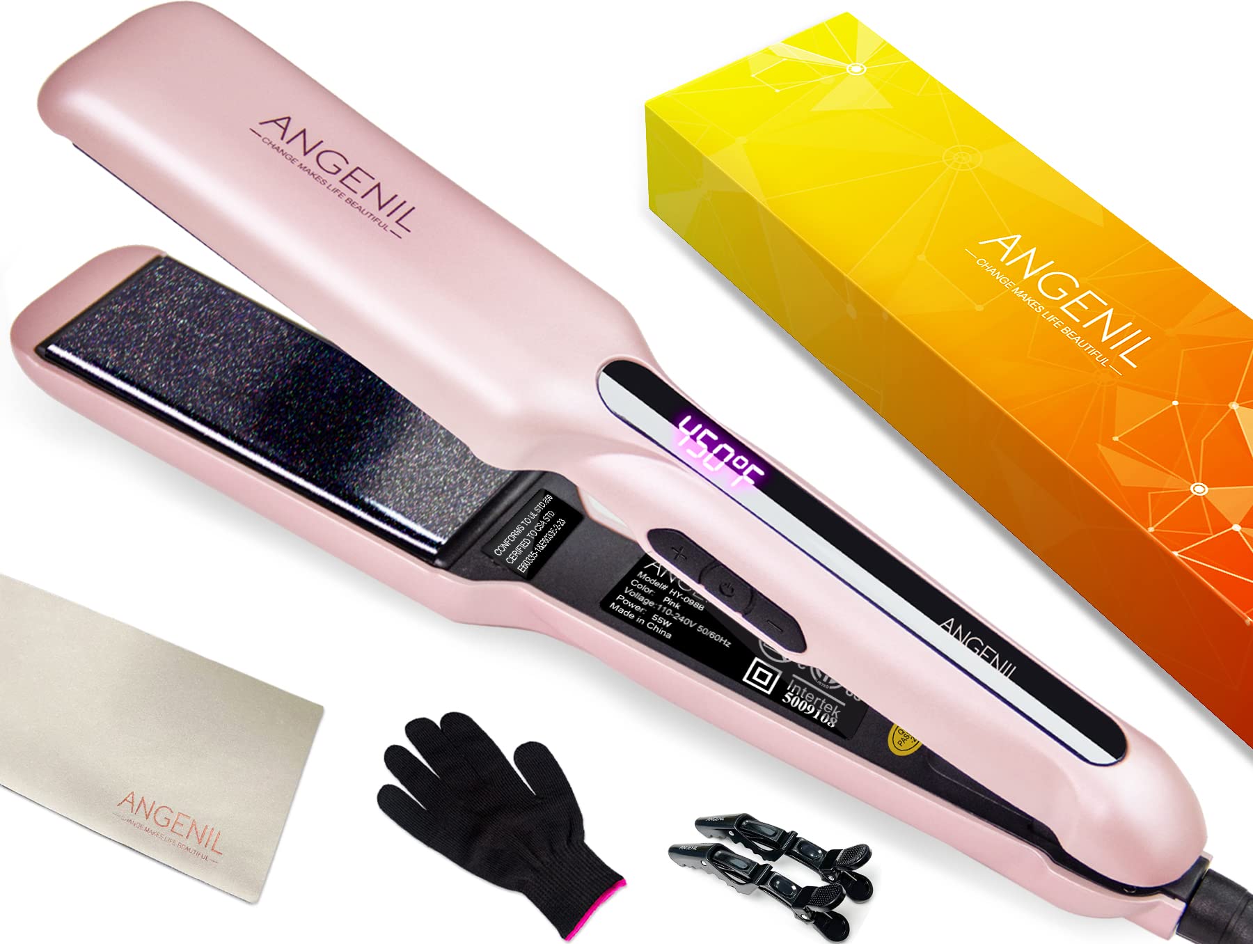 ANGENIL Pink Flat Iron Hair straightner Wide Plate 1.6 Inch, Ceramic Dual Voltage Flat Iron Hair Curling Iron in one, Hair strai