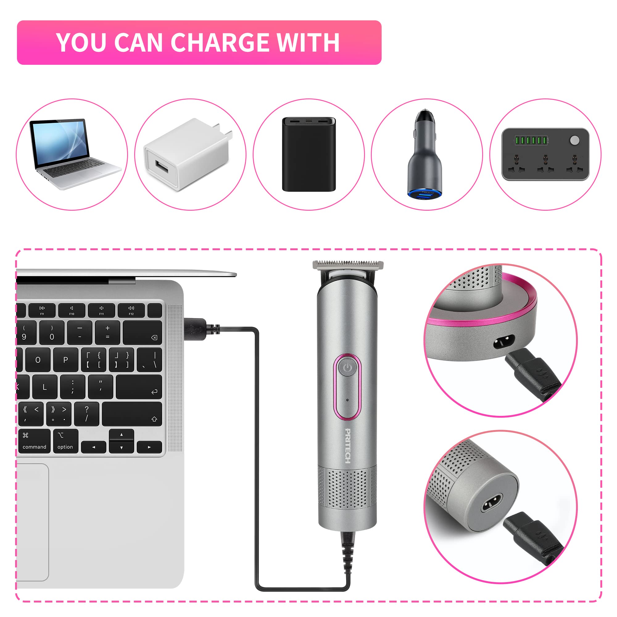 Pritech Hair Trimmer For Women, Waterproof, Rechargeable Pubic Hair Clippers And Bikini Shaver, Electric Razor, Hair Cut Kit, Ba