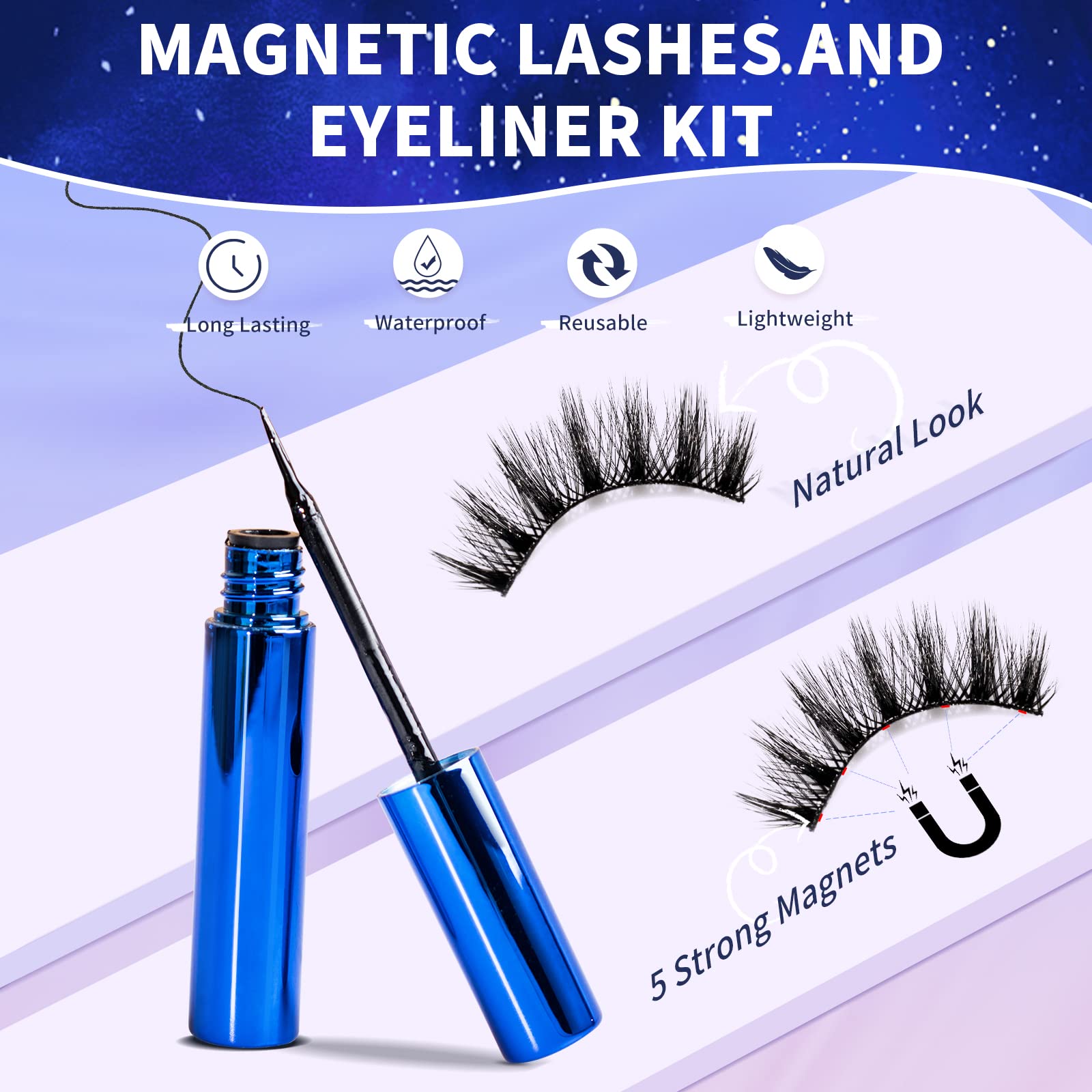 Magnetic Eyelashes And Eyeliner Kit, Premium Magnetic Lashes 3D Natural Look With Eyeliner And Tweezers, Lightweight & Sweatproo