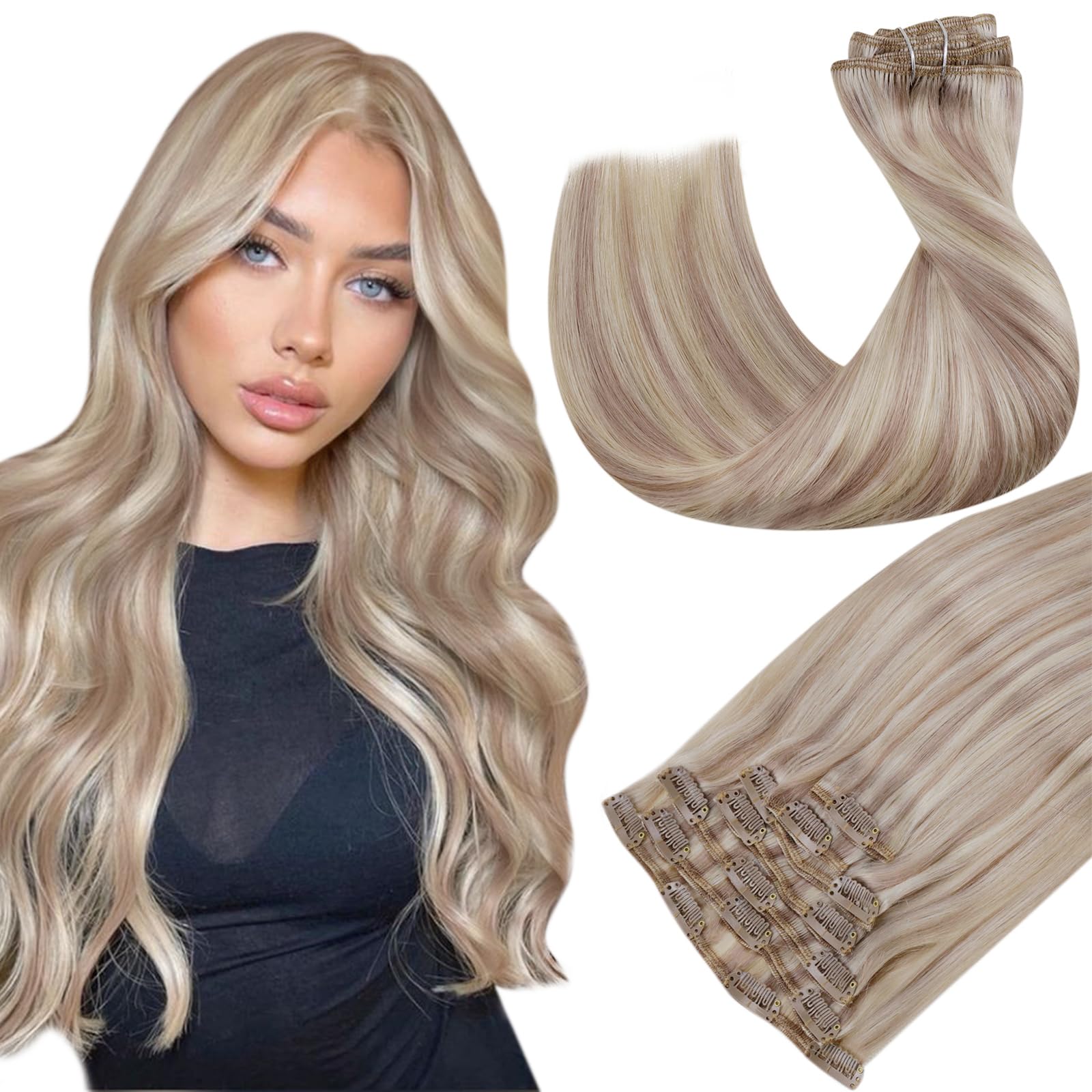 Hetto Blonde Hair Extensions Clip in Human Hair Ash Blonde Highlighted Bleach Blonde Natural Clip in Hair Extensions Real Human 