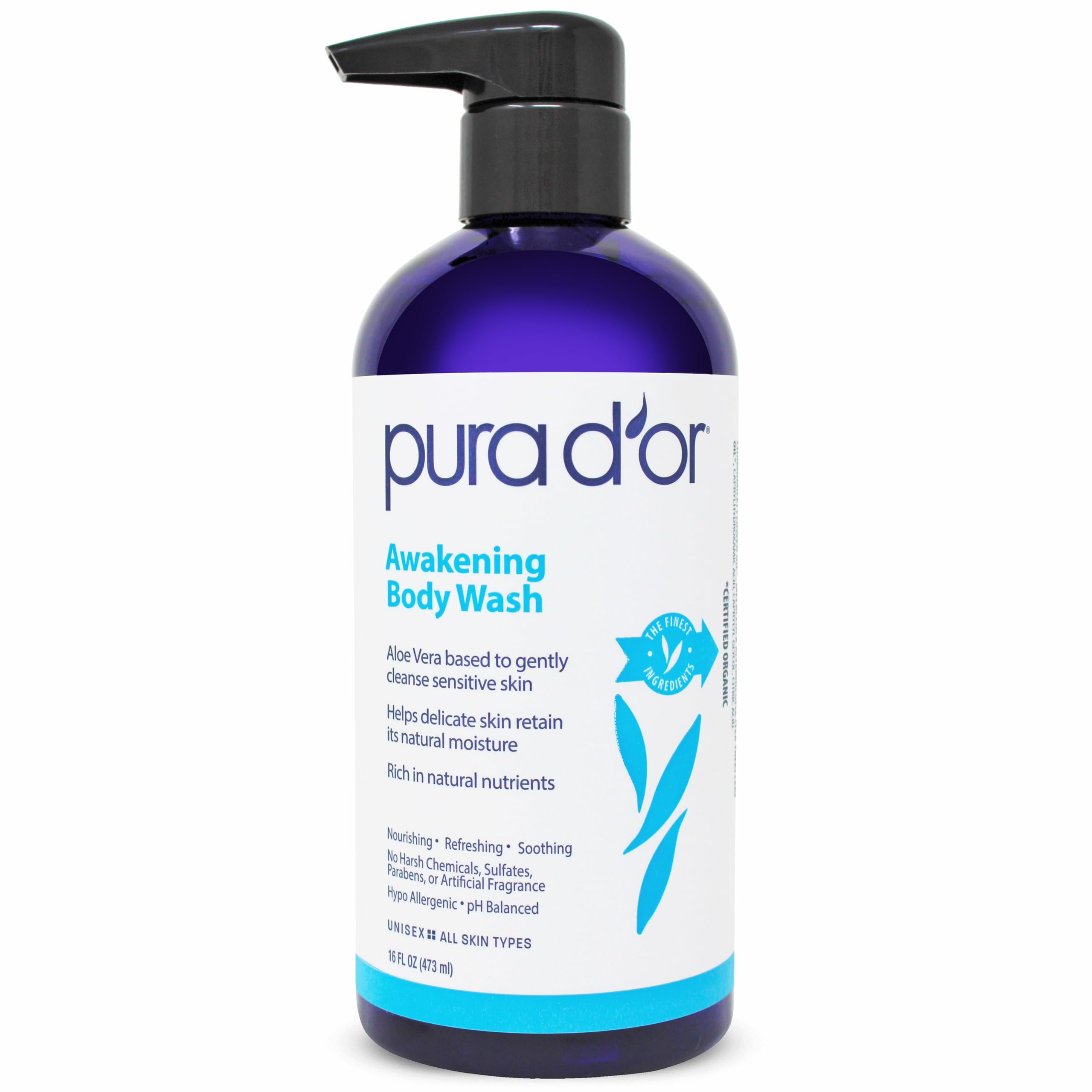 PURA D'OR Awakening Body Wash (16oz) with Aloe Vera, Chamomile, Lavender, Tea Tree and Natural Nutrients - pH Balanced for Moist