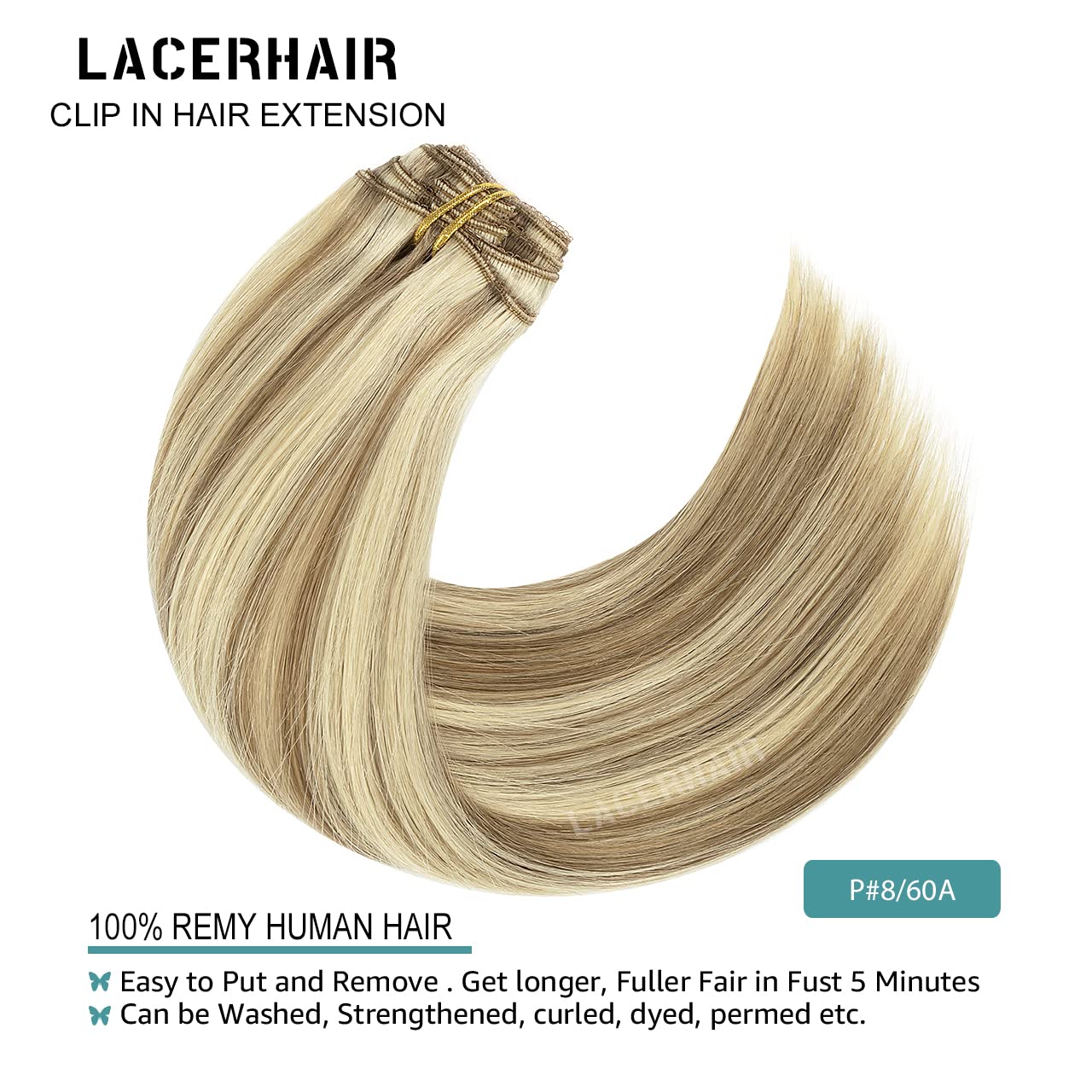 Lacer Hair Clip In Hair Extensions Real Human Natural Hair Light Brown Highlighted Platinum Blonde Color Fine Remy Hair Clip On