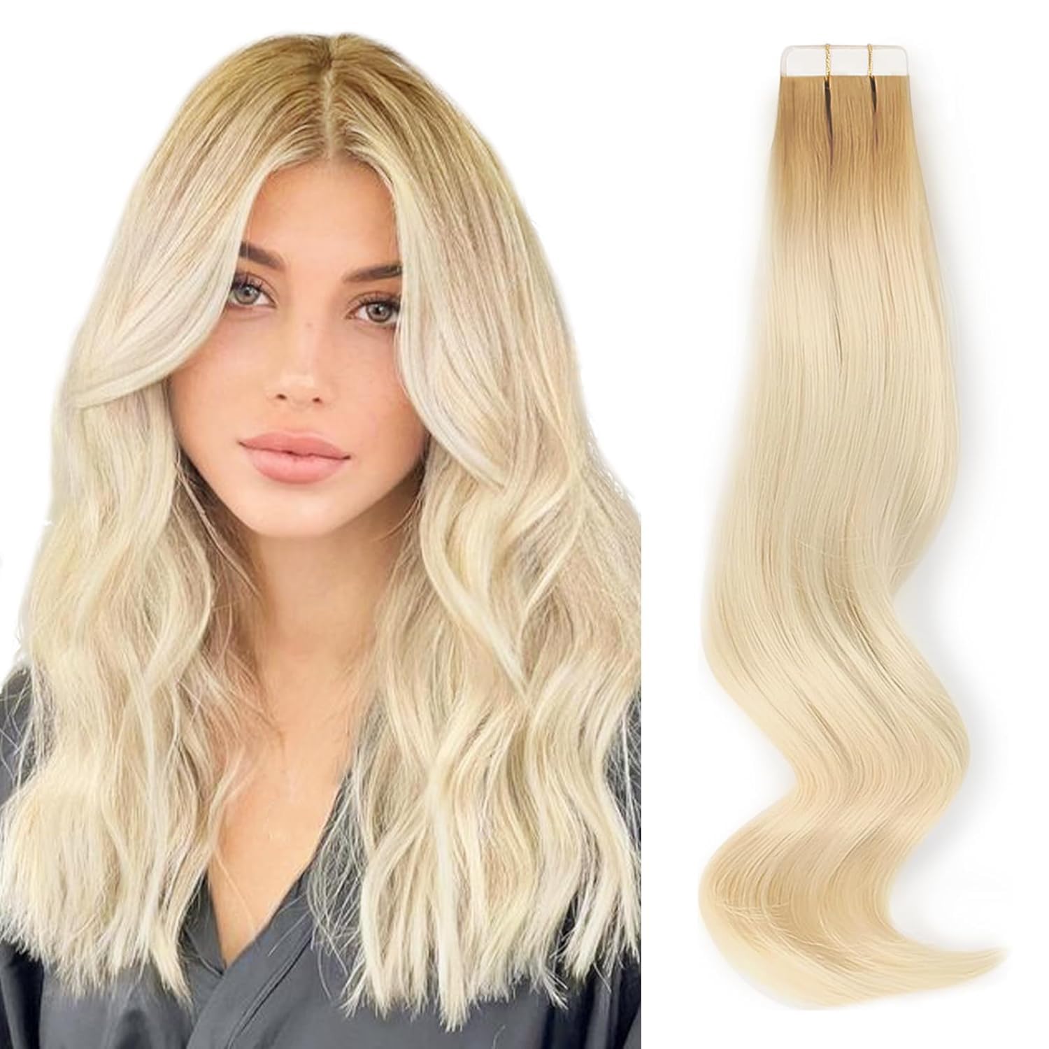 Abh Amazingbeauty Hair Rooted Tape In Hair Extensions, Remy Human Hair, 20 Pieces 50 Grams, Platinum Blonde With Dirty Blonde Ro