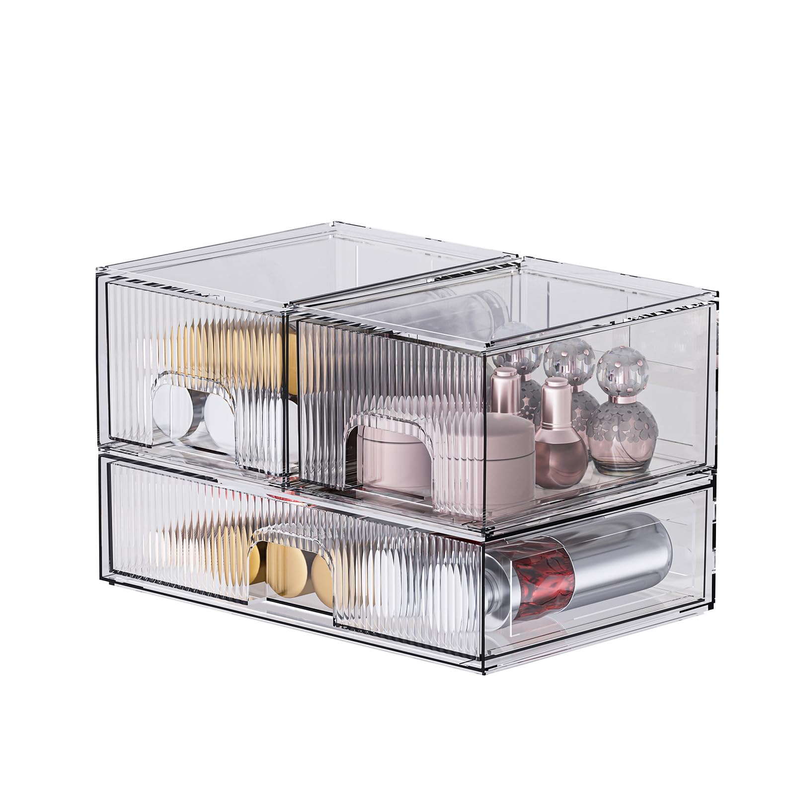 ZHIAI 3 Pack Clear Stackable Cosmetic Organizer with Acrylic Drawers for Cosmetics and Small Items for Dresser, Vanity, Kitchen 