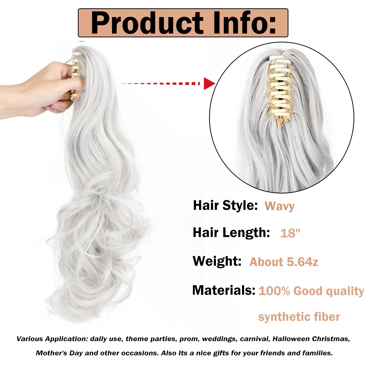 Mitrygreen Claw Clip Ponytail Extension 18'' Clip In Wavy Ponytail Hair Extensions Long Pony Tails For Women Extensions Silver G