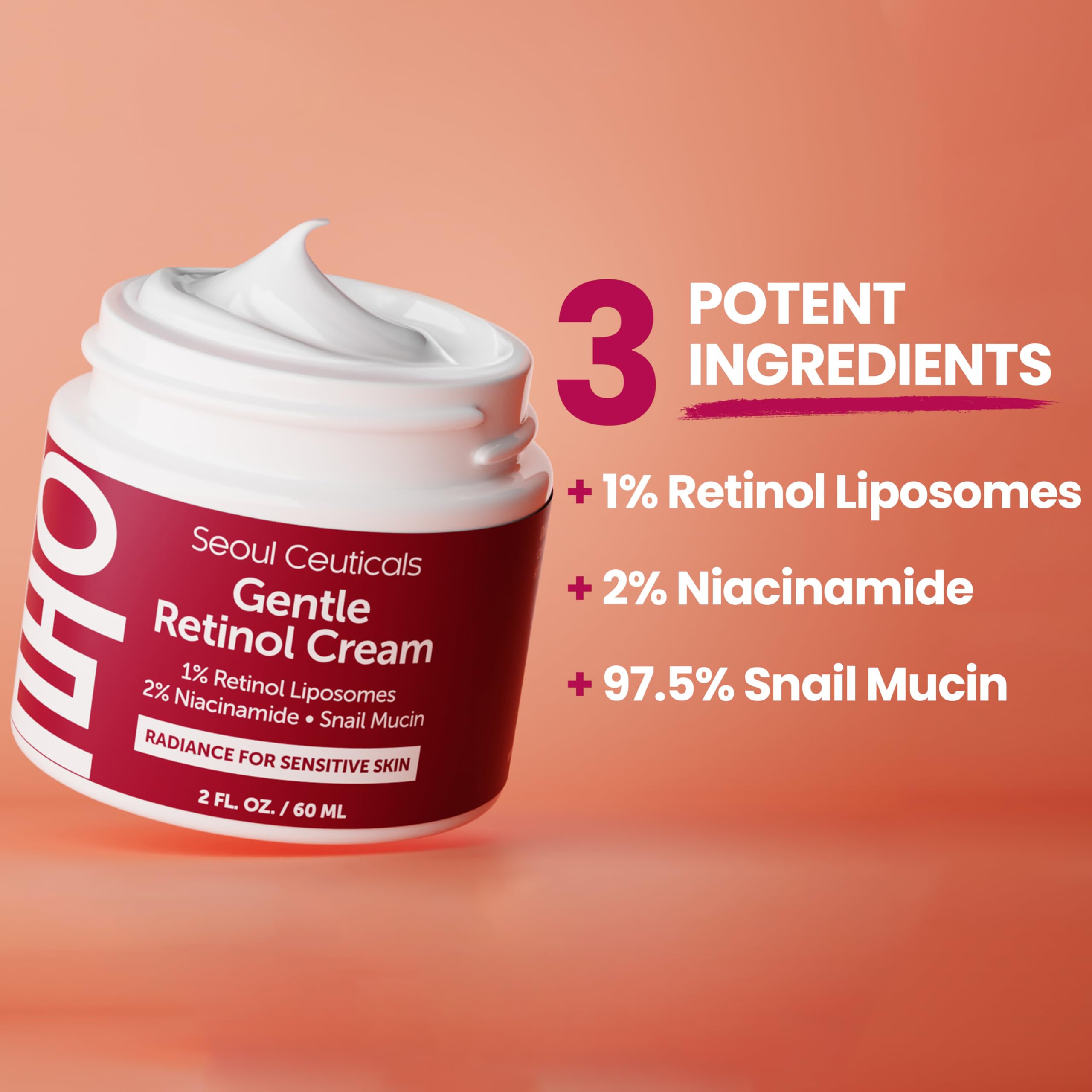 Seoulceuticals 1% Korean Retinol Night Cream - 97.5% Snail Mucin + 2% Niacinamide Moisturizer For Face - Gentle K Beauty For Sen