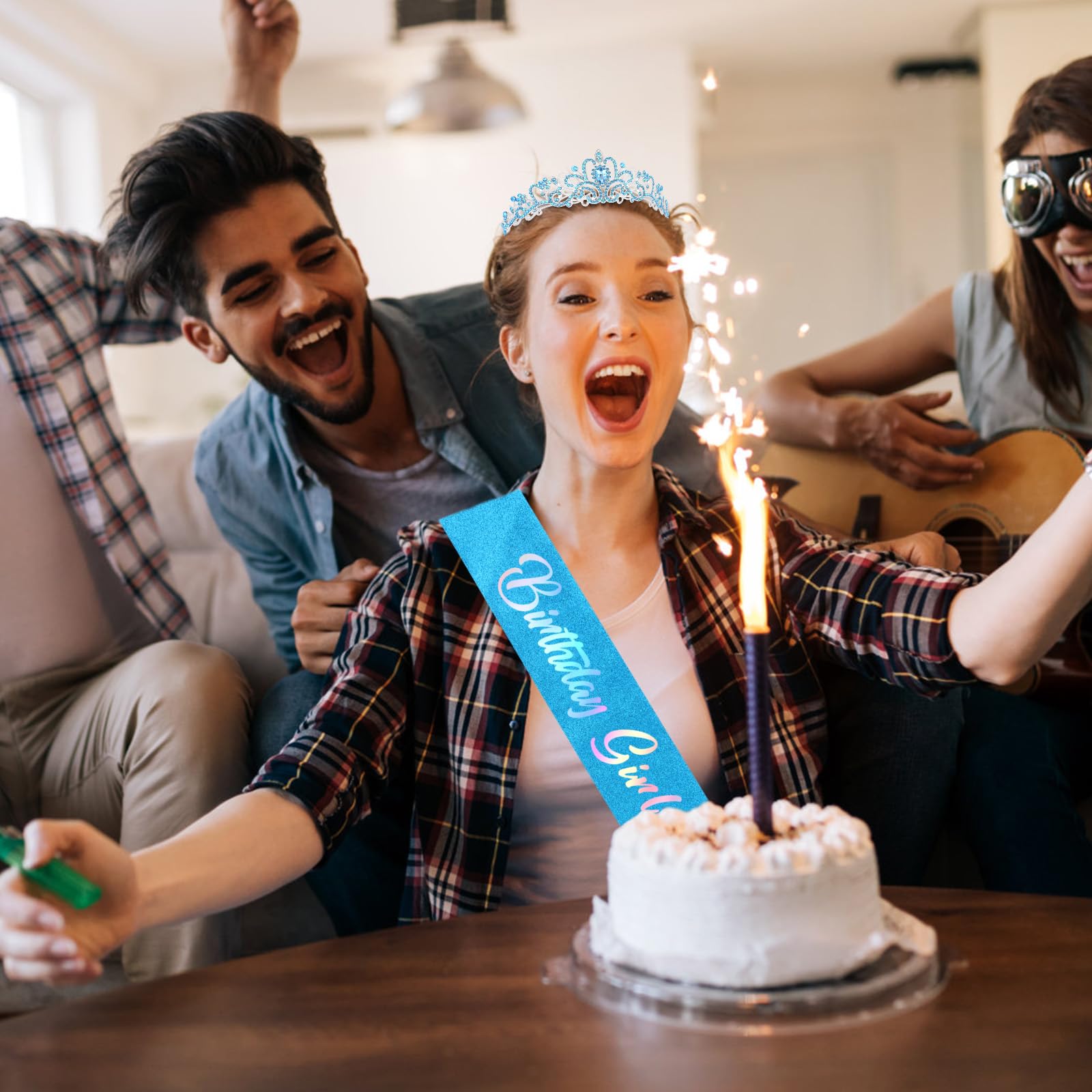 CIEHER Girl Sash and Crown Tiara Blue - Birthday Decorations and Gifts for Women and Girls