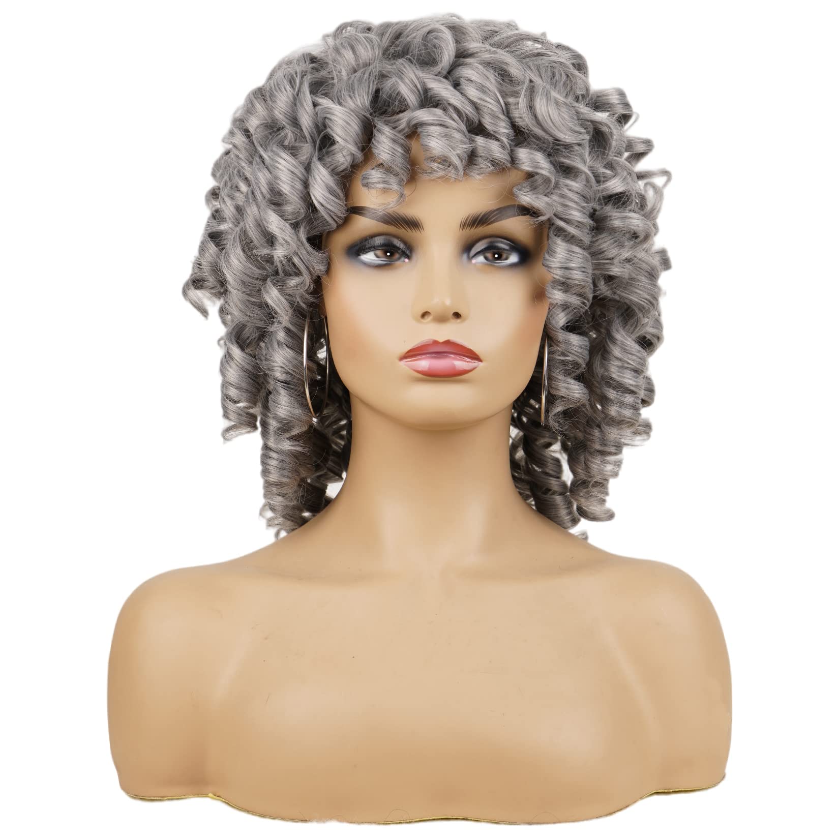 Andromeda Gray Short Curly Wig For Black Women, 14-Inch, Synthetic Fiber, Adjustable Cap, Heat Resistant